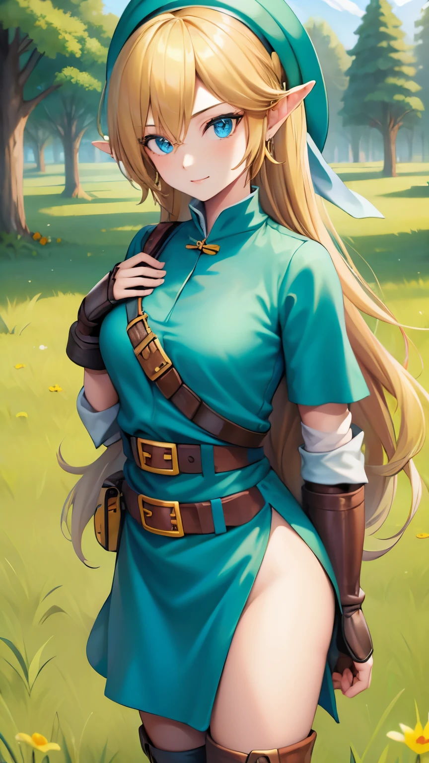 (masterpiece), sexy, sensual, best quality, expressive eyes, perfect face, highres, (female body:1.3),1 girl, solo, ootLink girl, hat, long hair, blonde hair, (green tunic), belt, fingerless gloves, boots, field, grass, trees, landscape, depth of field, smiling, standing, upper body portrait, looking at the viewer, from frontal,  Skimpy