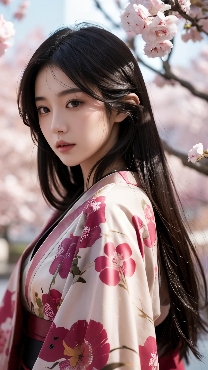 Beautiful Japanese supermodel woman, A lock of hair with slight highlights, black eyes, mixed media, Sexy，Sakura background，Gorgeous kimono , Liquid color flows across her face, Backlight