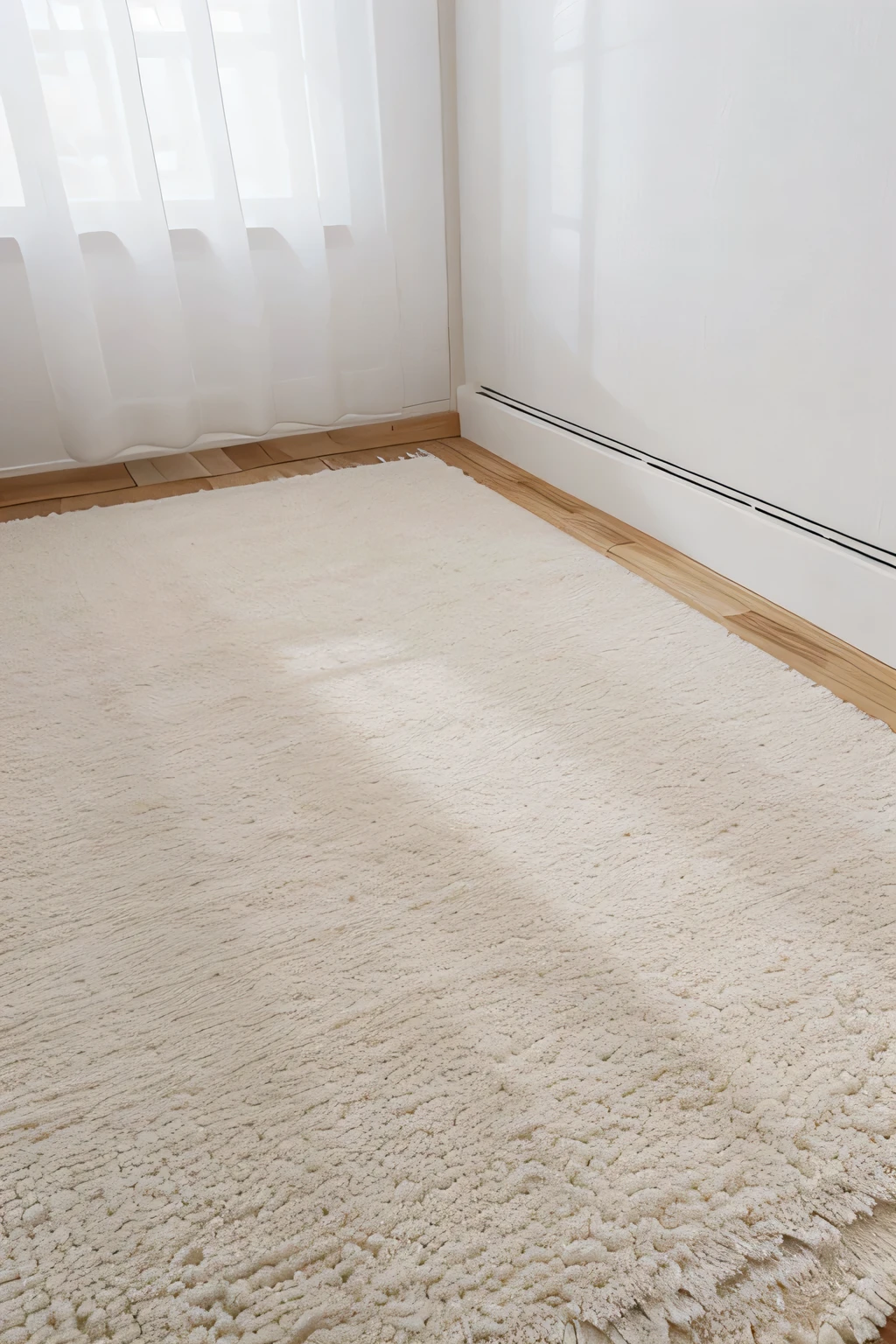 white floor,Minimalism,white curtains,wooden floor,Carpet during the day,overlooking angle。