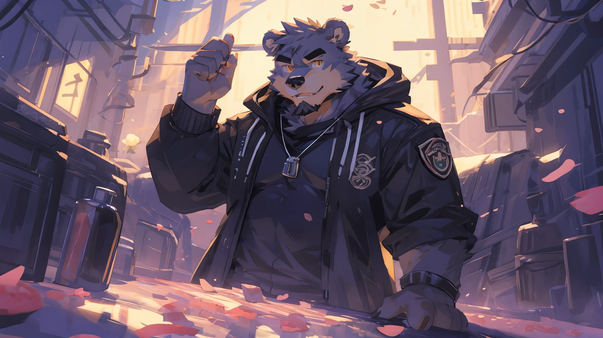 (masterpiece:1.2), best quality,pixiv,official art,(Ray tracing, light), (flower petal in the sky :1.3), (1_male:1.3), (solo:1.2) , portrait , (muscle), (gray fur:1.4), (muscle bear), (bear tail), (beard:1.2), (gleaming golden eyes), Thick eyebrows, cyberpunk, neon light, black vest, open hoodie, cargo shorts , Salar de Uyuni ,reflection, looking at viewer, full body