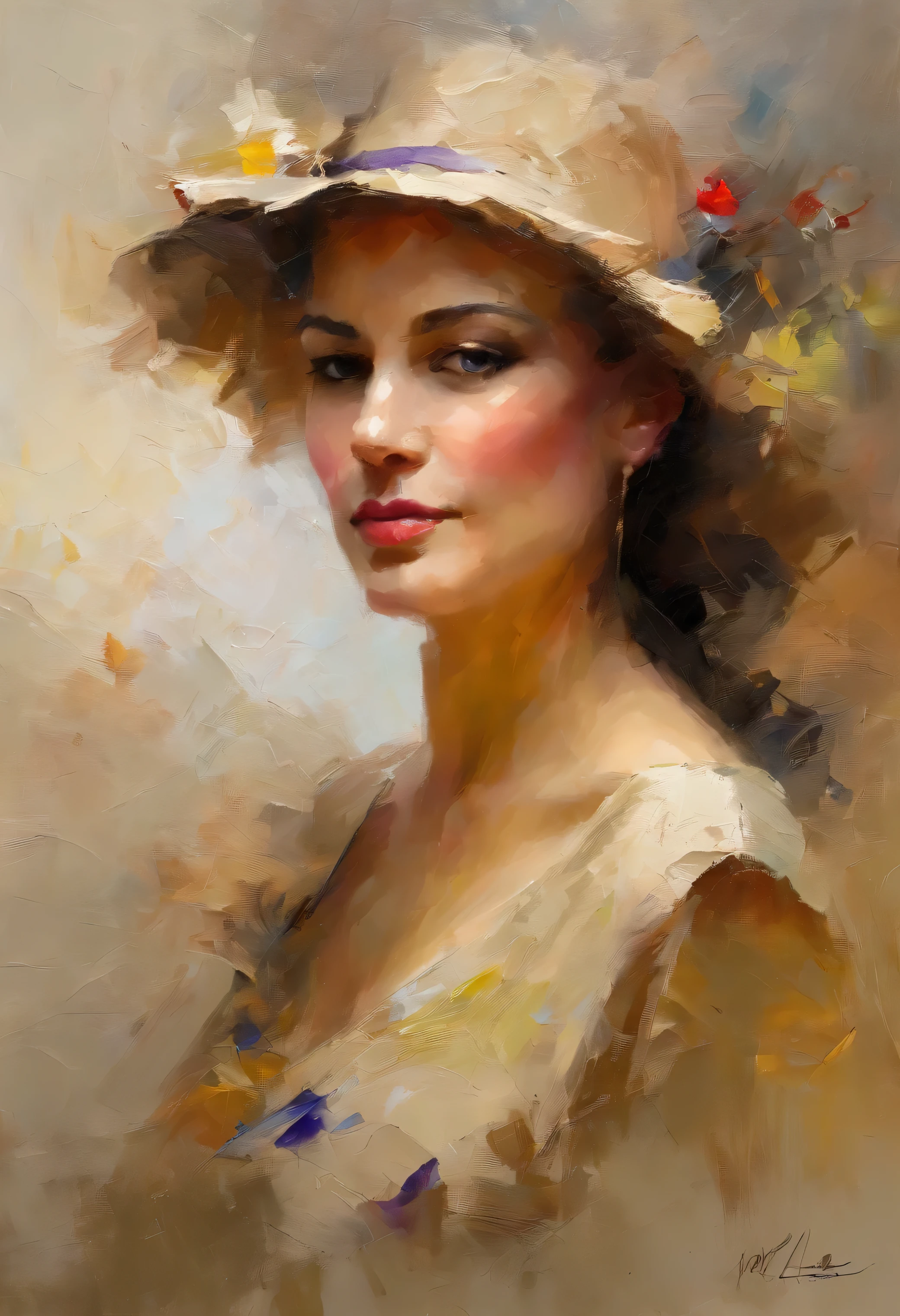 Portrait artwork inspired by Pino Daeni, opened eyes, looking into distance, perfect body shape, perfect finger shapes, sketch, drawing, or watercolor artwork impasto style. Perfect reflections. Abstract impasto background, light beige color only