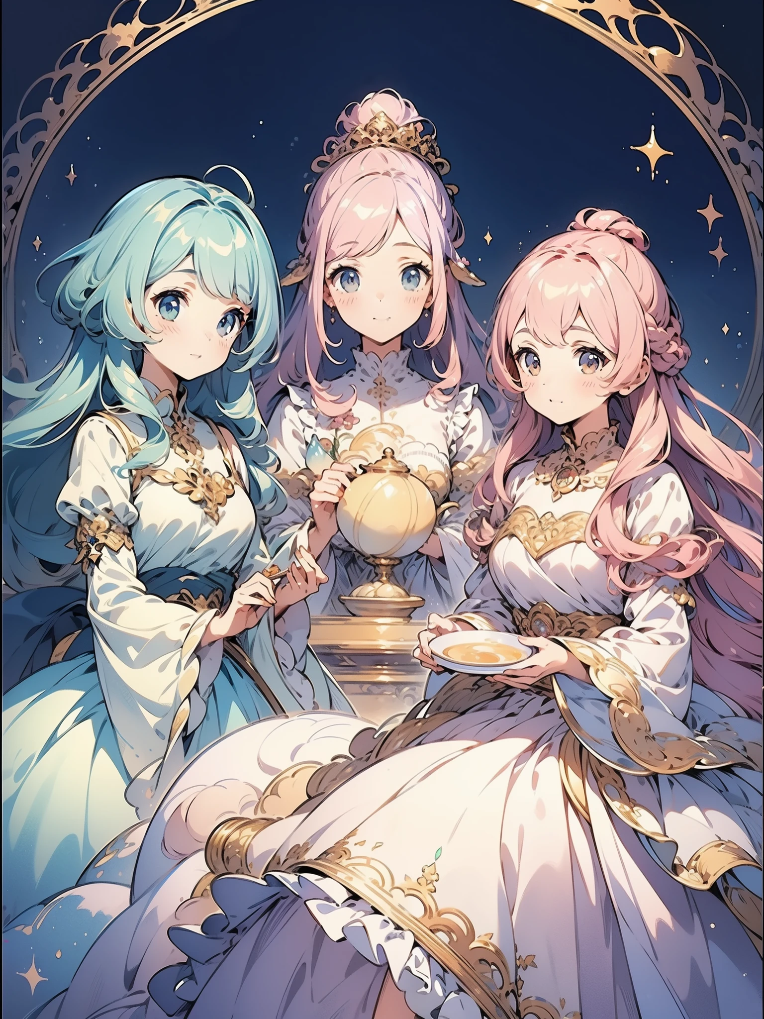 masterpiece, best quality, 8k resolution, sharp focus, intricate detail, beautiful 3girls, sparkling eyes, golden ratio face, otherworldly liquid, watercolor, pastel colors, bright colors, whimsical, colorful, sharp focus, high resolution, fine detail, ((layered tiered puffy long sleeves ballgown)), ((round eyes)), iridescent bubbles, fantasia background