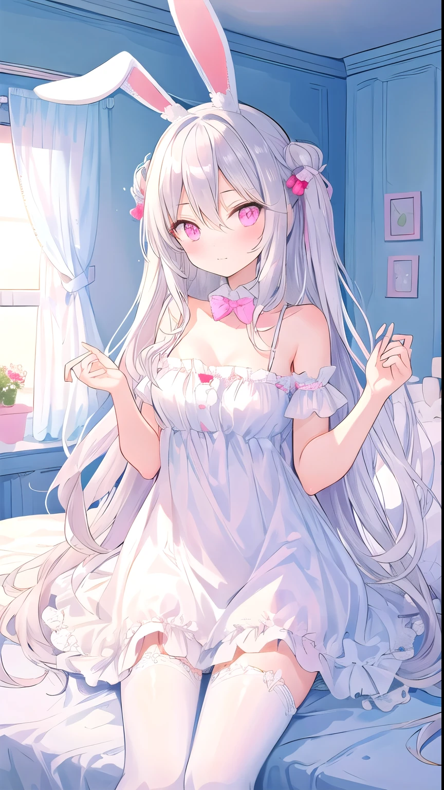 beautiful illustrations, best quality, cute young woman, bedroom, pastel colors, Fluffy bunny ears, , long silver hair, Stuffed bunny, bright light, Pale pink eyes