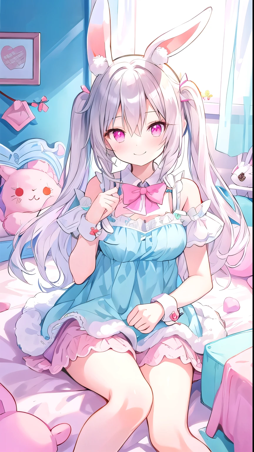 beautiful illustrations, best quality, cute young woman, bedroom, pastel colors, Fluffy bunny ears, , long silver hair, Stuffed bunny, bright light, Pale pink eyes, Smiling sheepishly