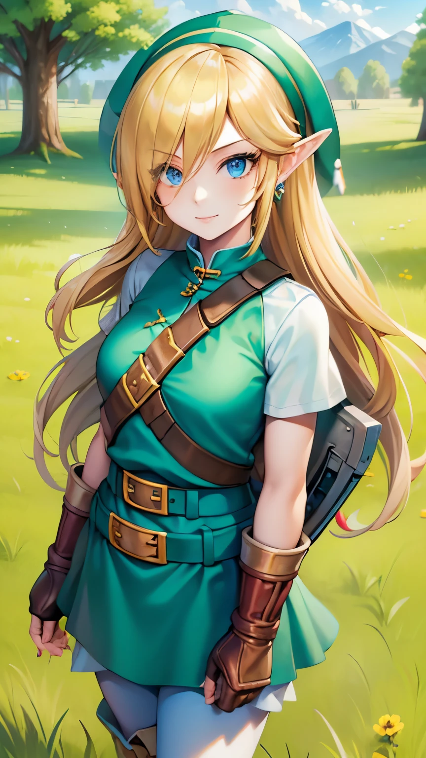 (masterpiece), sexy, sensual, best quality, expressive eyes, perfect face, highres, (female body:1.3),1 girl, solo, ootLink girl, hat, long hair, blonde hair, (green tunic), belt, fingerless gloves, boots, field, grass, trees, landscape, depth of field, smiling, standing, upper body portrait, looking at the viewer, from frontal,  Skimpy