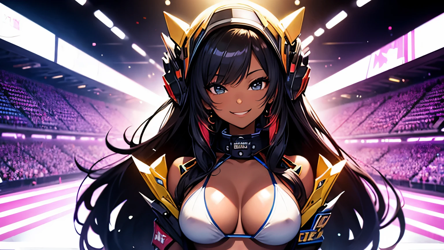 Top quality, masterpiece, big tits, tiny skin color bikini, smiling, sexy, EDM background