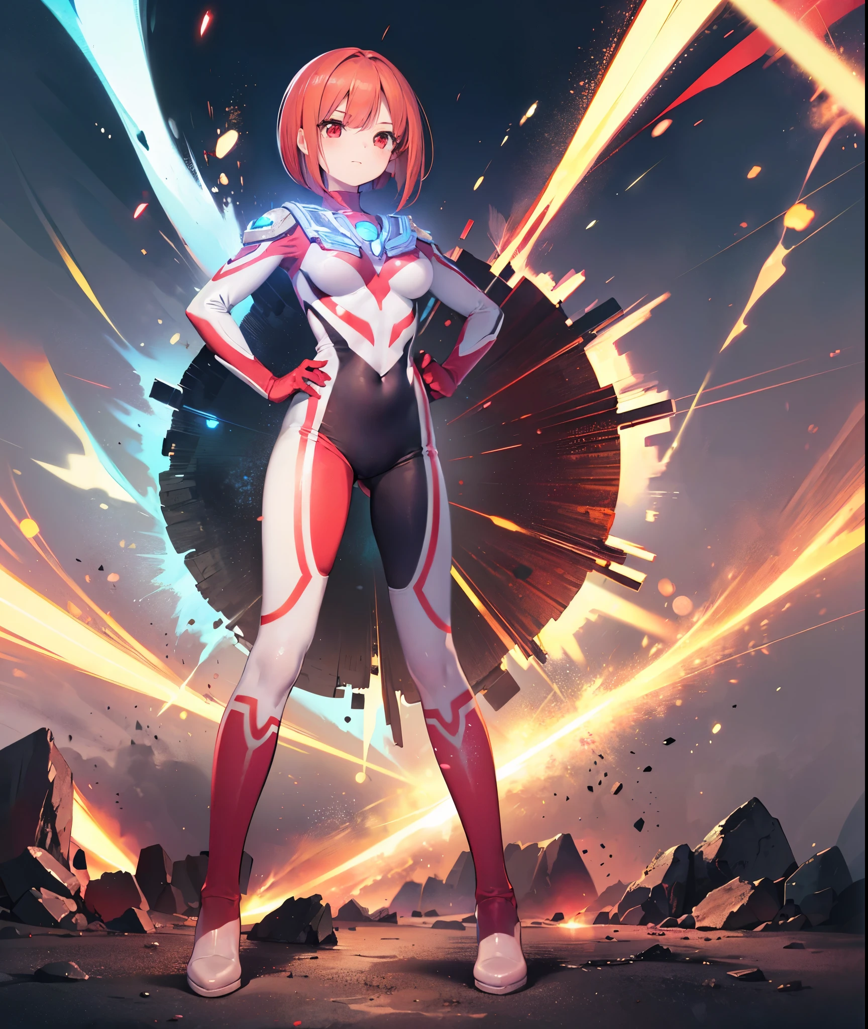 Super close-up,highest quality, ultra detail, High quality CG drawing, The most delicate and beautiful, Floating gently, High resolution, (1 girl), (Highest image quality,4K,8K,masterpiece:1.2),(all red hair:1.5),(short bob:1.5),(red eyes:1.5), (ultra girl :1.0), (All red Ultraman bodysuit:1.4),slightly bigger breasts,red gloves,(Turn your back to your audience:1.3),butt,whole body, (clenched fist:1.2),(put both hands on hips:1.2)