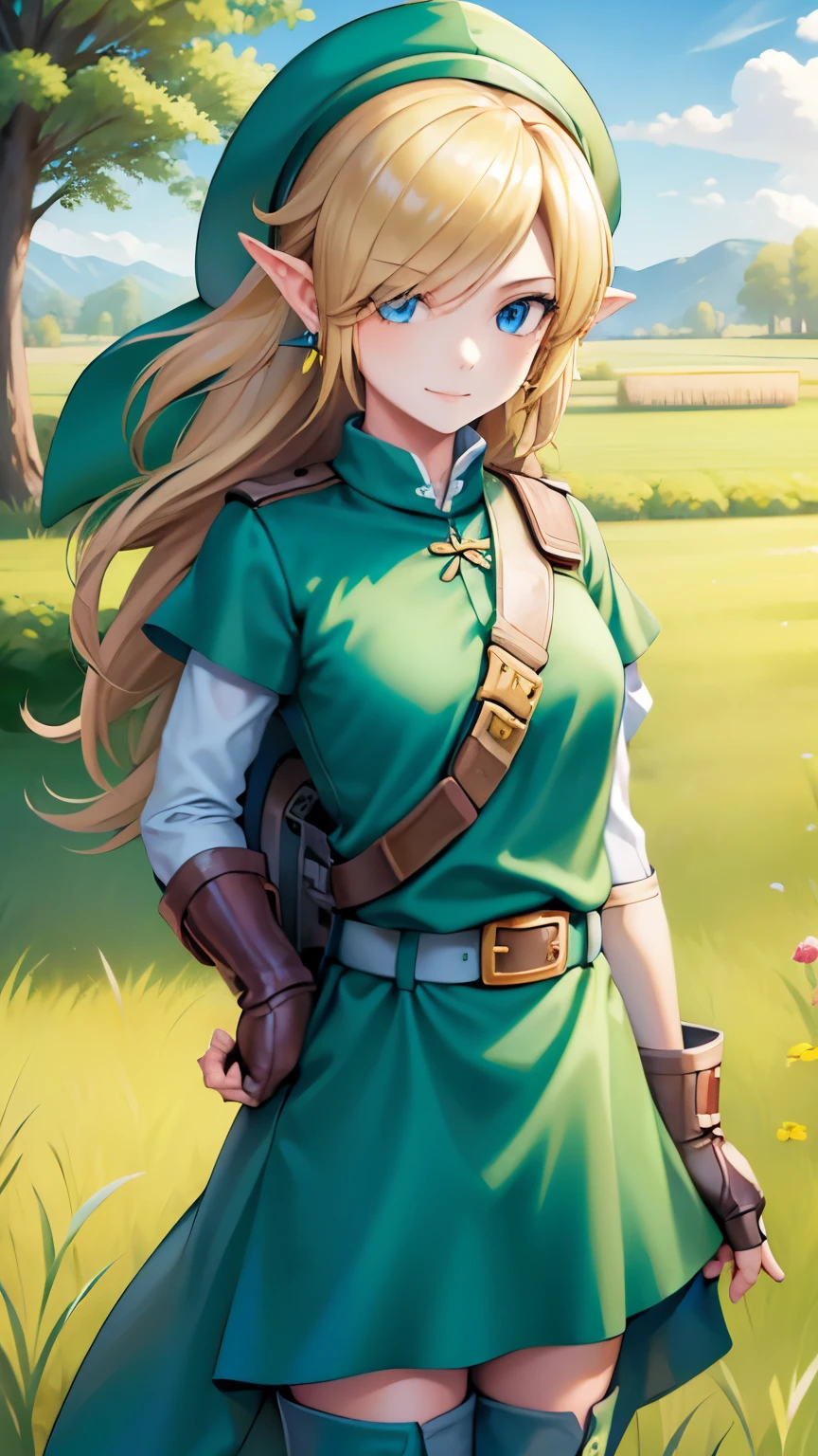 (masterpiece), sexy, sensual, best quality, expressive eyes, perfect face, highres, (female body:1.3),1 girl, solo, ootLink girl, hat, long hair, blonde hair, (green tunic), belt, fingerless gloves, boots, field, grass, trees, landscape, depth of field, smiling, standing, upper body portrait, looking at the viewer, from frontal, Skimpy