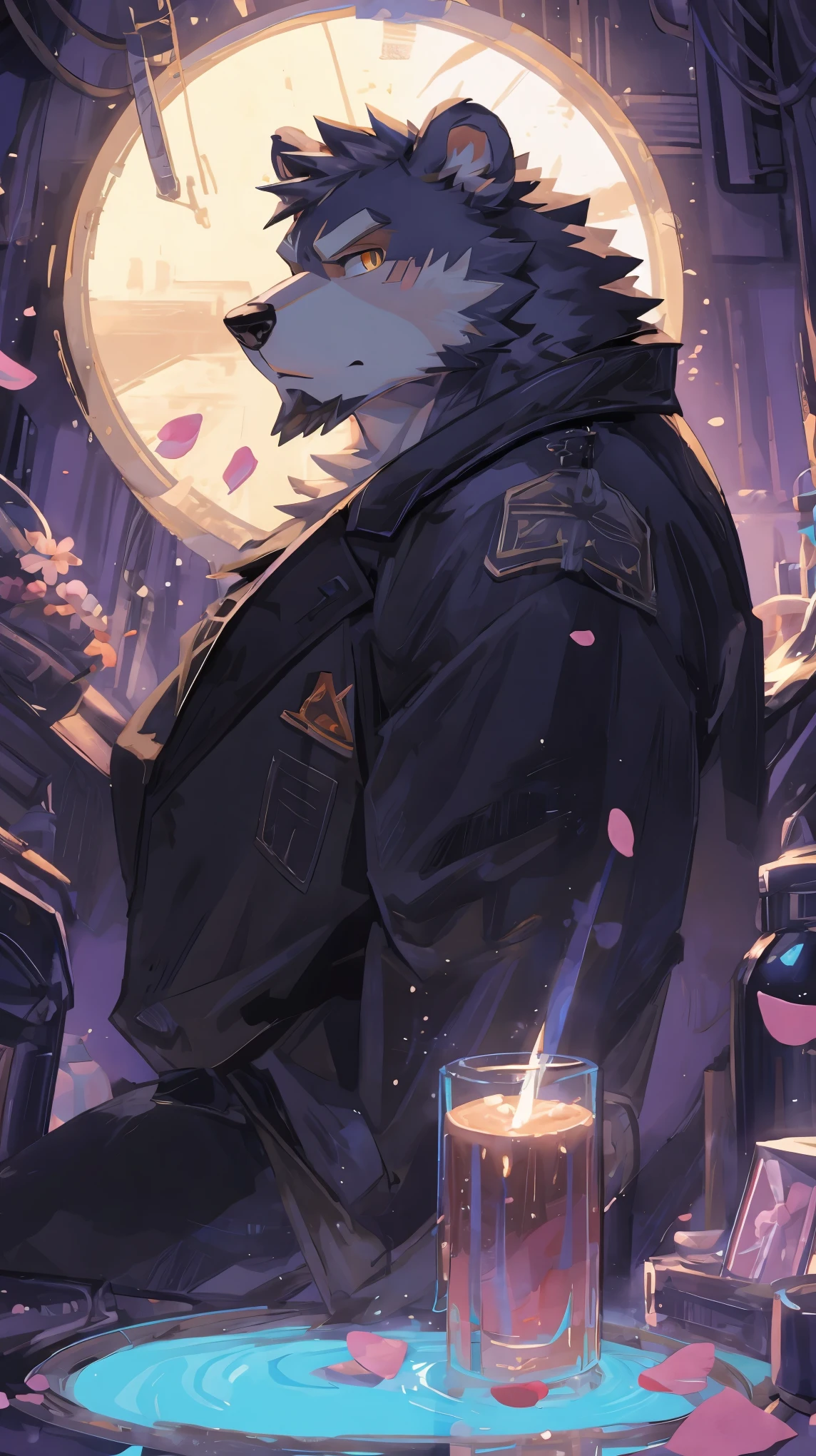 (masterpiece:1.2), best quality,pixiv,official art,(Ray tracing, light), (flower petal in the sky :1.3), (1_male:1.3), (solo:1.2) , portrait , (muscle), (gray fur:1.4), (muscle bear), (bear tail), (beard:1.2), (gleaming golden eyes), Thick eyebrows, cyberpunk, neon light, black vest,white open hoodie, cargo shorts , Salar de Uyuni ,reflection, looking at viewer, full body