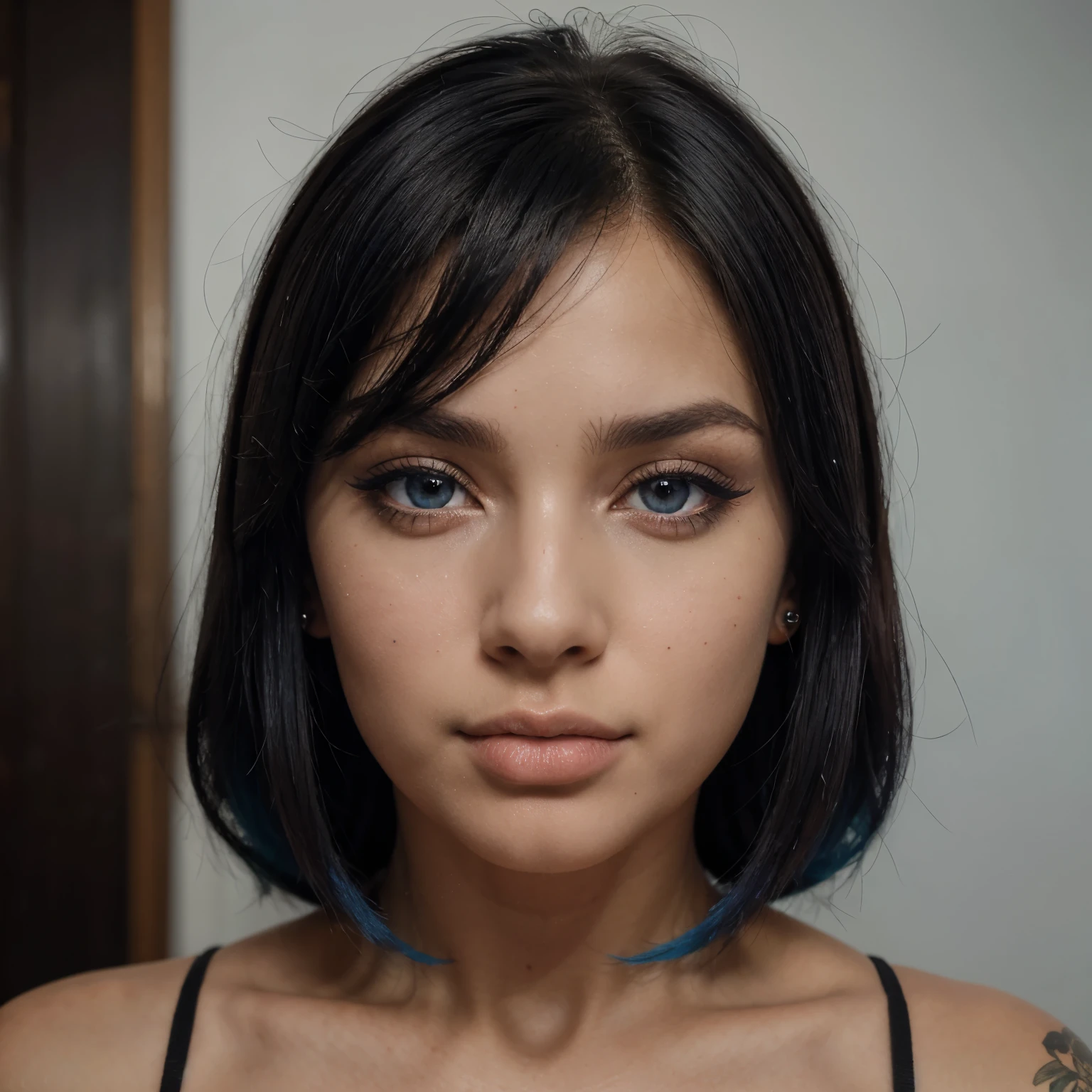 ((Beautiful) attractive cute:2 young women), very_cute, choker,(big breasts:1.5), (small_nose:1.2, thin_nose:1.5, delicate_nose:1.5, pointed_nose_tip:1.5, symmetric_nose), round_chin:1, short_jaw:1, round_jaw:1, long bob_cut_hair, (dark_hair:1.5), (brown_eyes:1.5, mahogany_brown_eyes:1), cheek_dimples:1.3, round_cheeks:1.2, (very_small_eyebrows:1.5), (Masterpiece, 8K, best quality, highres:1.5), looking_at_viewer:1.5, body_looking_at_viewer:1.5, white_photoshoot:1, white_room:1, white_backdrop:1.5, standing, neutral_body_posture:1.5, neutral_facial_expression, wearing white_straplesini_dress), skin_texture:1.2