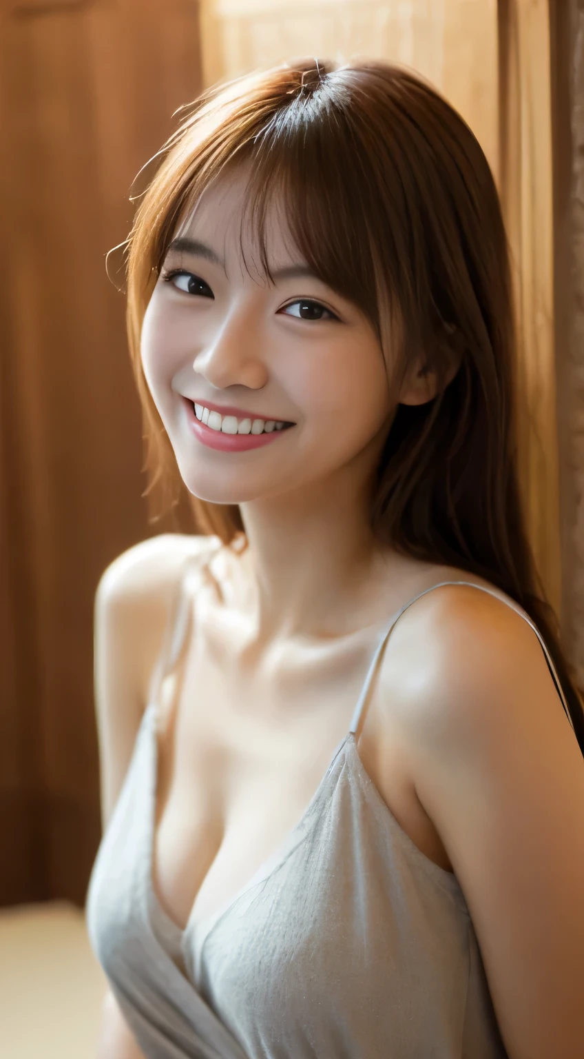 masterpiece,best quality,(Japanese ),((Beautiful girl)),cleavage,indoor,(perfect body beauty:1.2),(shy smile),beautiful teeth,