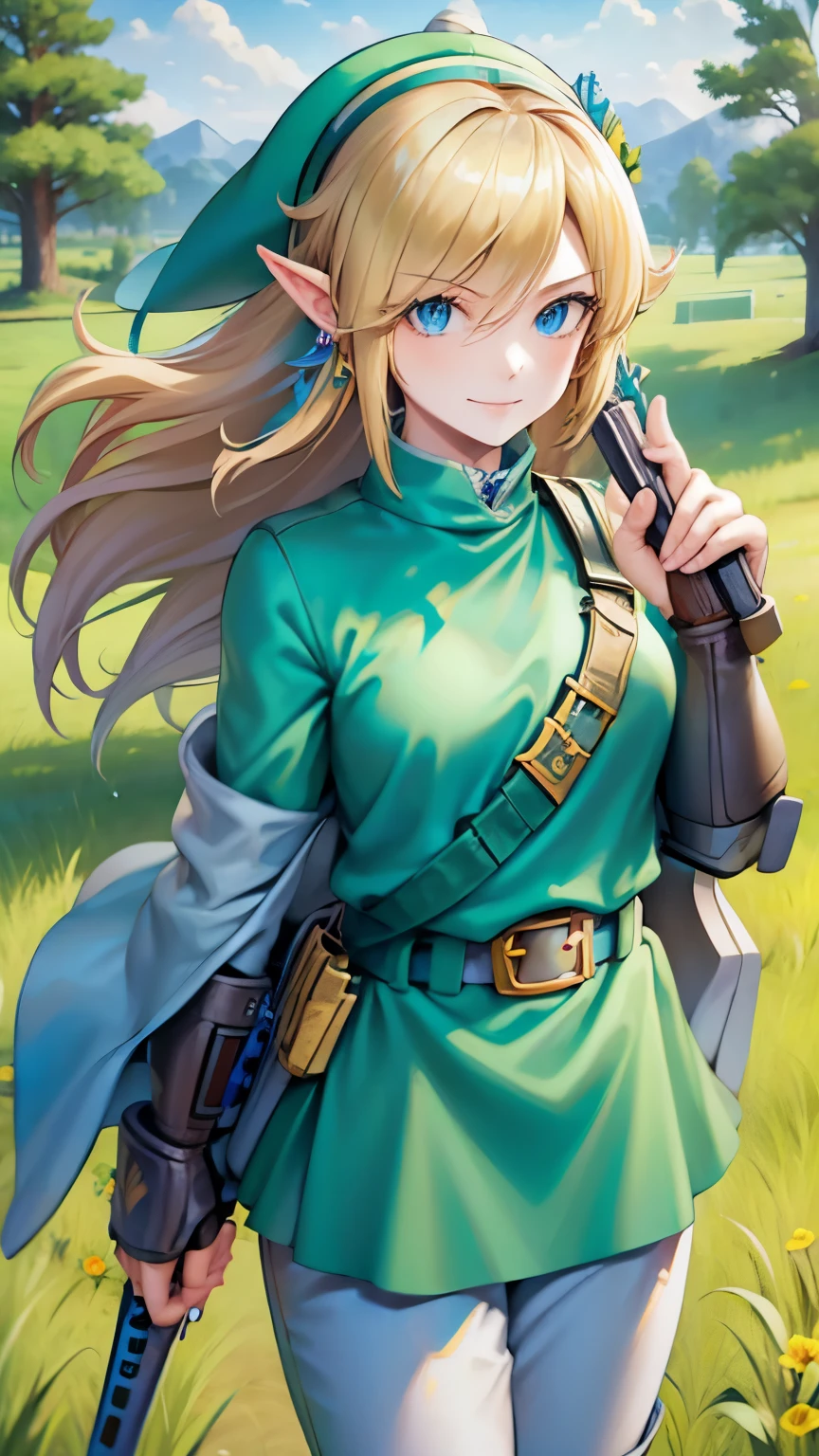 (masterpiece), sexy, sensual, best quality, expressive eyes, perfect face, highres, (female body:1.3),1 girl, solo, ootLink girl, hat, long hair, blonde hair, (green tunic), belt, fingerless gloves, boots, field, grass, trees, landscape, depth of field, smiling, standing, upper body portrait, looking at the viewer, from frontal,  Skimpy