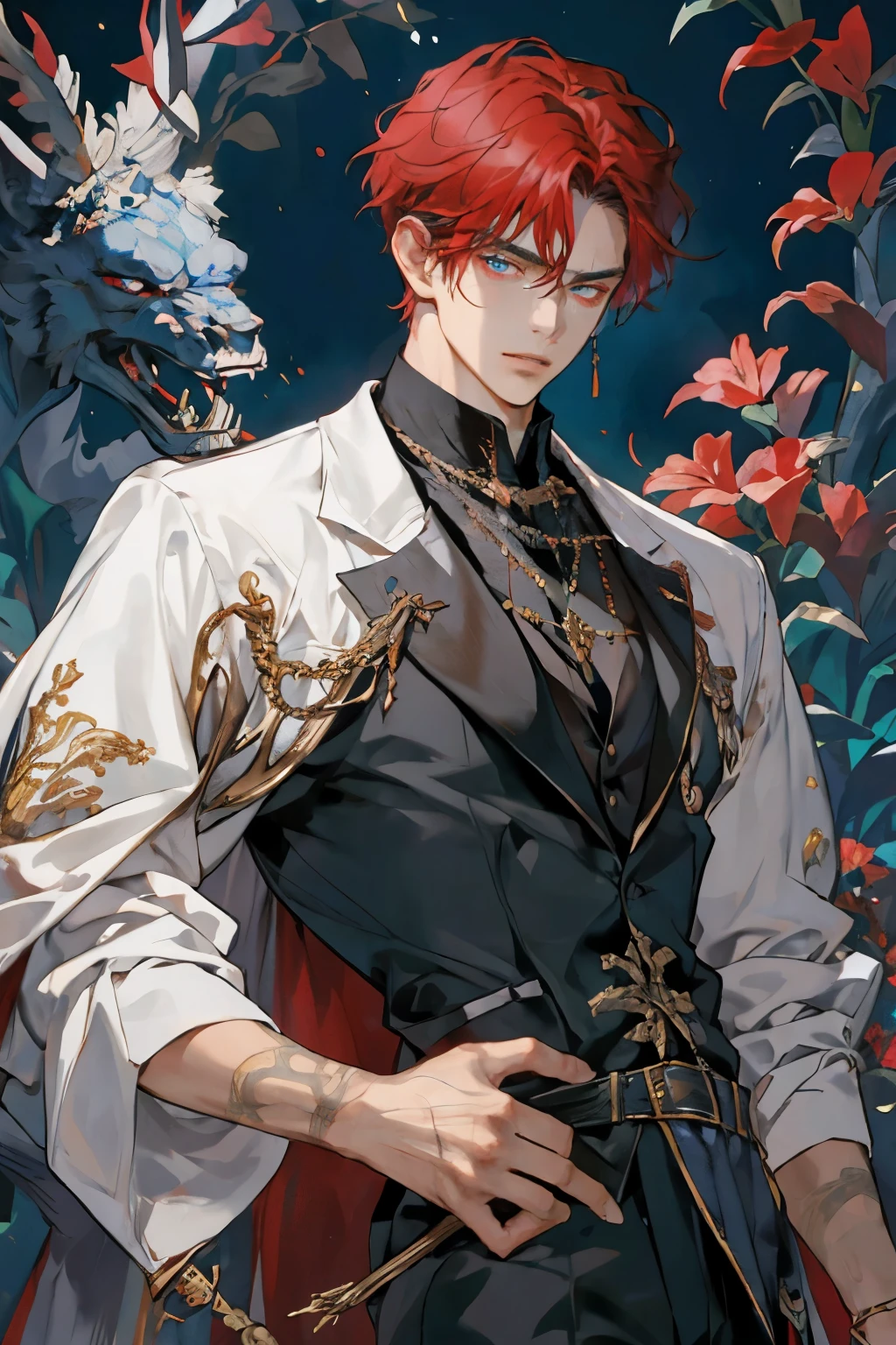 (Mejor calidad: cuerpo completo),adulto,1 hombre, male, maduro,muy alto,elegante pero no fuerte,long crimson hair,ojos azul real,ropa medieval estilo bohemio,Detailed face and expression, Fondo ricamente texturizado,soft lighting,estilo retrato,estilo de pintura,colores profundos