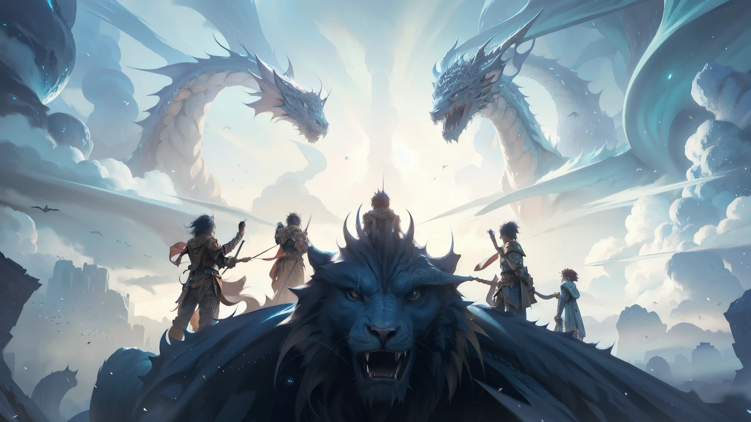 There is a man standing next to a giant dragon in the sky, 2. 5 d cgi Anime fantasy artwork, Epic Fantasy Digital Art style, Epic Fantasy Art Style HD, anime epic artwork, Longwei, Anime fantasy artwork, 4K fantasy art, Epic RPG Artwork, Detailed digital 2D fantasy art, Epic Fantasy Digital Art, epic fantasy game art