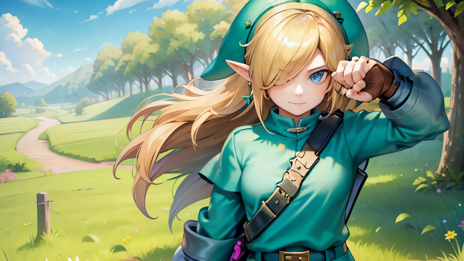 (masterpiece), sexy, sensual, best quality, expressive eyes, perfect face, highres, (female body:1.3),1 girl, solo, ootLink girl, hat, long hair, blonde hair, (green tunic), belt, fingerless gloves, boots, field, grass, trees, landscape, depth of field, smiling, standing, upper body portrait, looking at the viewer, from frontal,  Skimpy