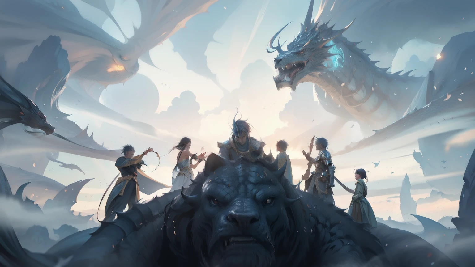 There is a man standing next to a giant dragon in the sky, 2. 5 d cgi Anime fantasy artwork, Epic Fantasy Digital Art style, Epic Fantasy Art Style HD, anime epic artwork, Longwei, Anime fantasy artwork, 4K fantasy art, Epic RPG Artwork, Detailed digital 2D fantasy art, Epic Fantasy Digital Art, epic fantasy game art