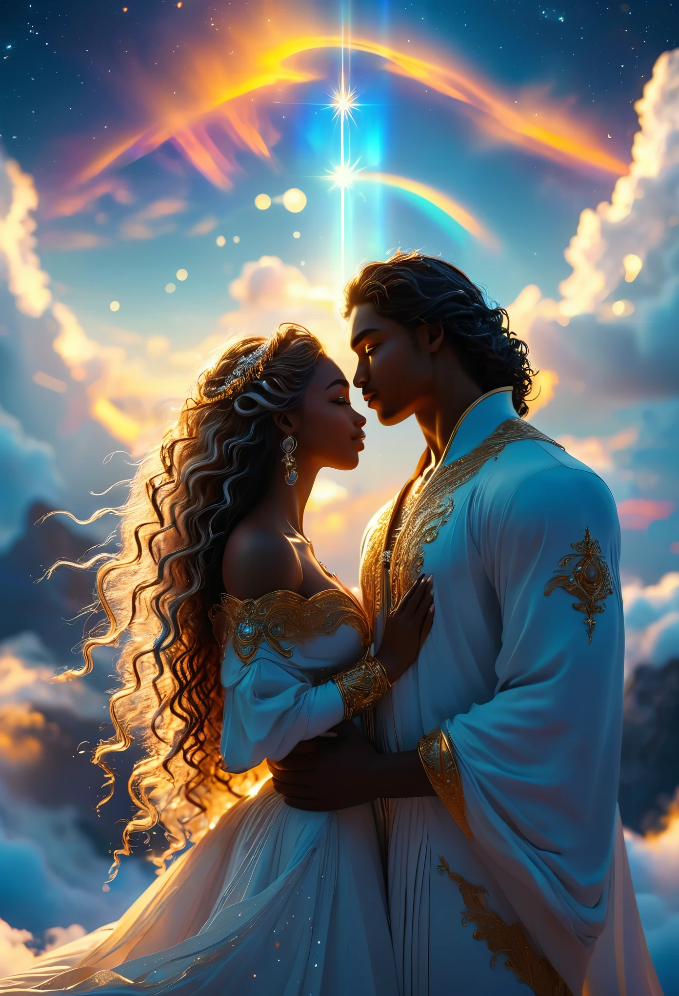 Loving couple in a celestial landscape, young dark-skinned couple in their 20s, on a cloud, a man and a woman, he is a divine prince with long curly brown hair, she is a mixed-race blonde with grey eyes, Full body, 8K, extremely detailed, high quality, (photorealistic:1.37), Full body, ideal proportions and defined complexion, meticulously crafted features, unreachable beauty, perfection, breathtaking elegance, g curves, goddess-like figures, divine symmetry, artistic masterpieces, vivid realism, hyper-detailed sculptures, life-like forms, truly awe-inspiring, impeccable craftsmanship, pure radiance, ethereal beauty, delicate contours, striking poses, sublime beauty, subtle nuances, dynamic compositions, vibrant colors, perfect lighting, soulful expressions, celestial aura, majestic presence, dreamlike atmosphere, unmatched gdetailed octane render trending on artstation, 8 k artistic photography, photorealistic concept art, soft natural volumetric cinematic perfect light, chiaroscuro, award - winning photograph, masterpiece, perfect composition, beautiful detailed intricate insanely
