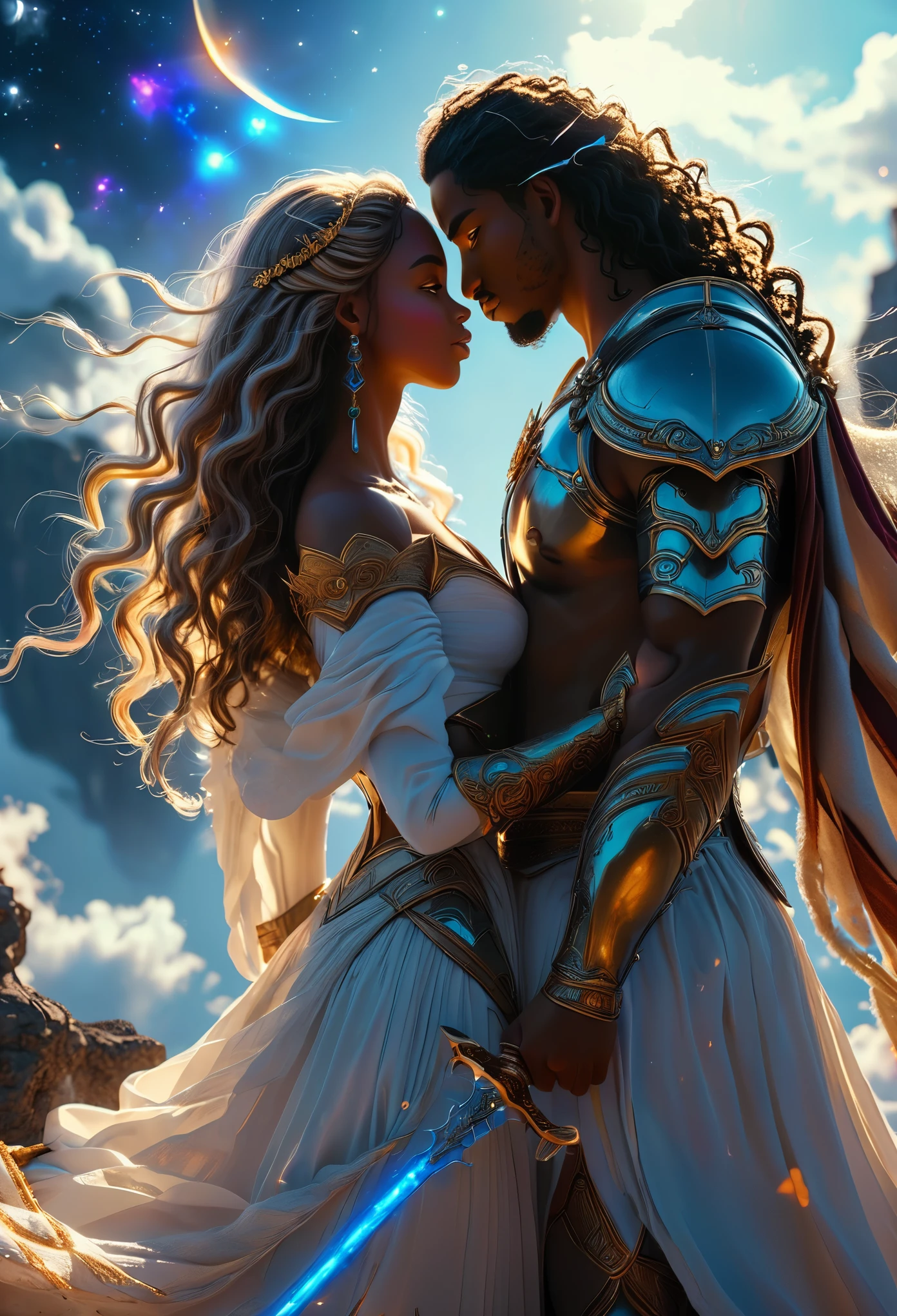 Loving couple in a celestial landscape, young dark-skinned couple in their 20s, on a battlefield, they fight together, a man and a woman, he is a warrior prince with long curly brown hair, he has two swords, she is a mixed-race blonde warrior princess with grey eyes, she has a spear, Full body, 8K, extremely detailed, high quality, (photorealistic:1.37), Full body, ideal proportions and defined complexion, meticulously crafted features, unreachable beauty, perfection, breathtaking elegance, g curves, goddess-like figures, divine symmetry, artistic masterpieces, vivid realism, hyper-detailed sculptures, life-like forms, truly awe-inspiring, impeccable craftsmanship, pure radiance, ethereal beauty, delicate contours, striking poses, sublime beauty, subtle nuances, dynamic compositions, vibrant colors, perfect lighting, soulful expressions, celestial aura, majestic presence, dreamlike atmosphere, unmatched gdetailed octane render trending on artstation, 8 k artistic photography, photorealistic concept art, soft natural volumetric cinematic perfect light, chiaroscuro, award - winning photograph, masterpiece, perfect composition, beautiful detailed intricate insanely