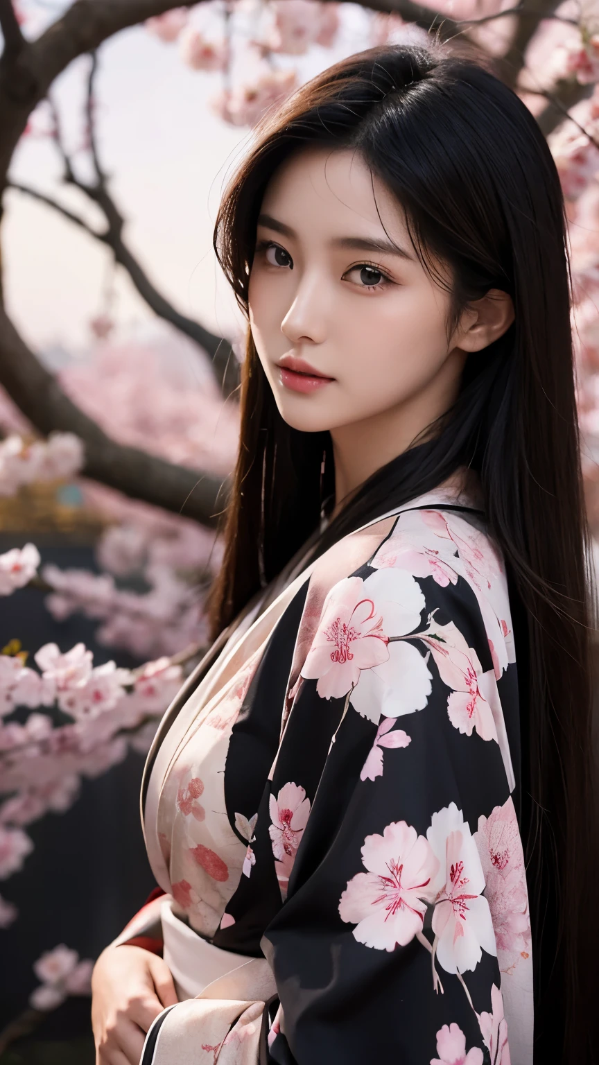 Beautiful Japanese supermodel woman, A lock of hair with slight highlights, black eyes, mixed media, Sexy,Sakura background,Gorgeous kimono , Liquid color flows across her face, Backlight