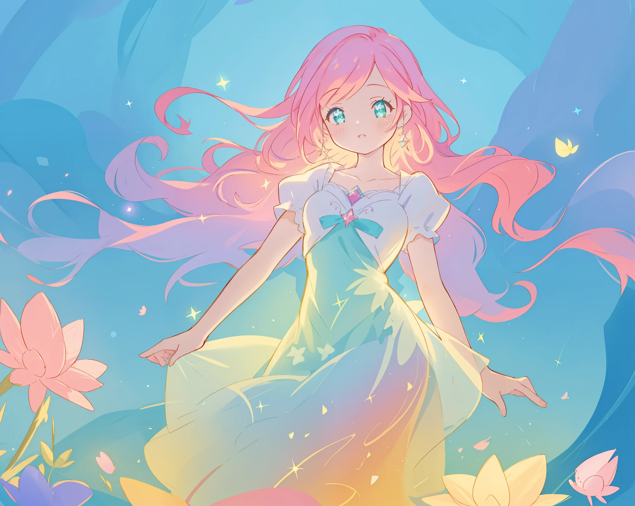 beautiful girl in sparkling puffy dress, vibrant pastel colors, (colorful), magical lights, long flowing colorful pink hair, otherworldly aqua and blue landscape background, inspired by Glen Keane, inspired by Lois van Baarle, disney art style, by Lois van Baarle, glowing aura around her, by Glen Keane, jen bartel, glowing lights! digital painting, flowing glowing hair, glowing flowing hair, beautiful digital illustration, fantasia background, whimsical, magical, fantasy, beautiful face, ((masterpiece, best quality)), intricate details, highly detailed, sharp focus, 8k resolution, sparkling detailed eyes, liquid watercolor