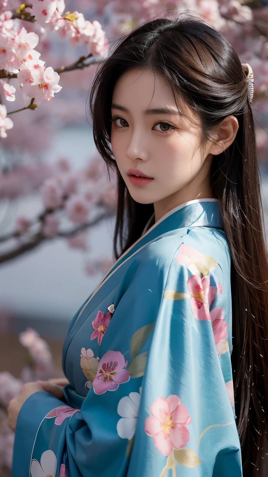 Beautiful Japanese supermodel woman, A lock of hair with slight highlights, black eyes, mixed media, Sexy,Sakura background,Gorgeous kimono , Liquid color flows across her face, Backlight