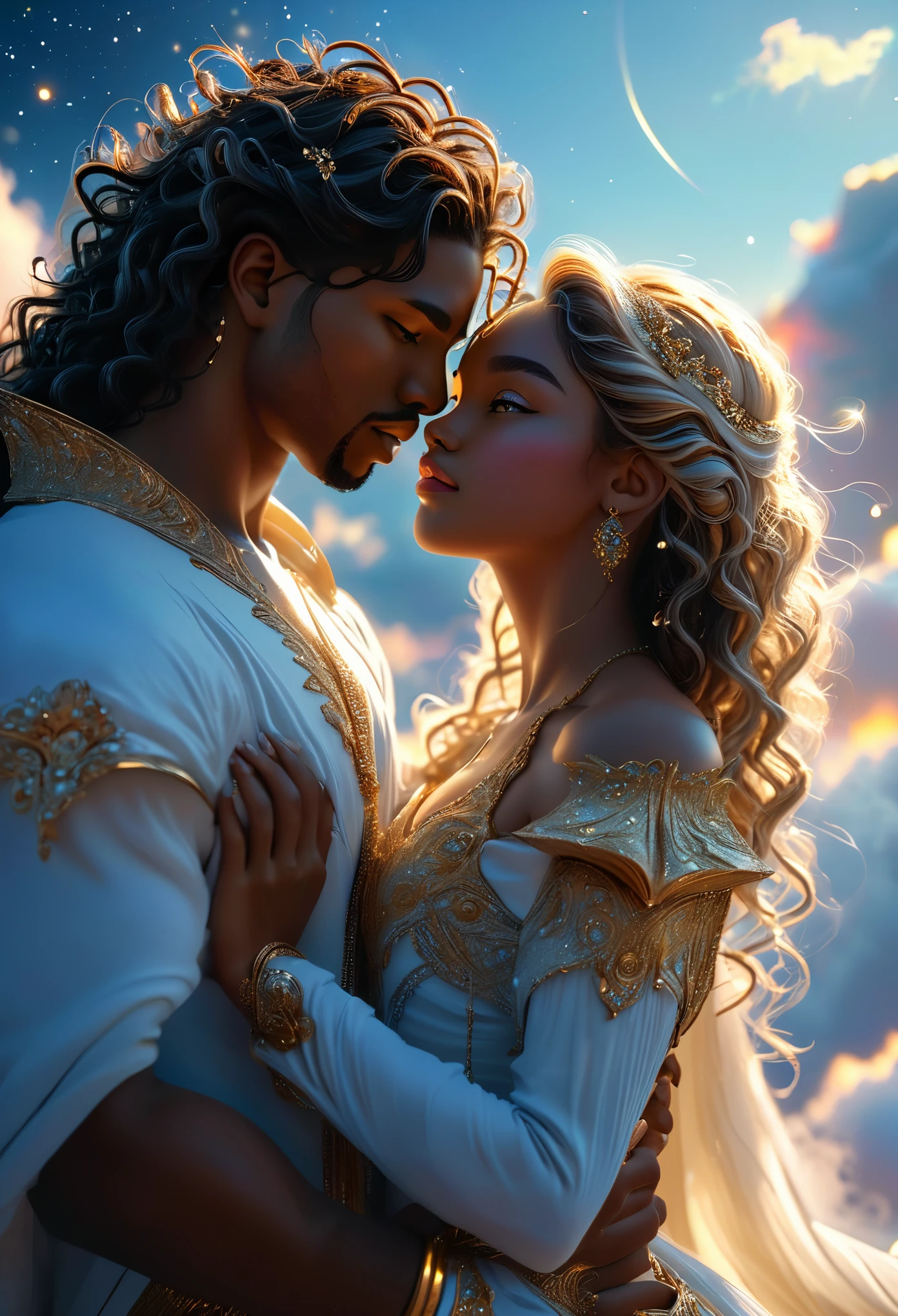 Passionate couple in a celestial landscape, young dark-skinned couple in their 20s, on a cloud, a man and a woman, he is a divine prince with long curly brown hair, she is a mixed-race blonde with grey eyes, Full body, 8K, extremely detailed, high quality, (photorealistic:1.37), Full body, ideal proportions and defined complexion, meticulously crafted features, unreachable beauty, perfection, breathtaking elegance, g curves, goddess-like figures, divine symmetry, artistic masterpieces, vivid realism, hyper-detailed sculptures, life-like forms, truly awe-inspiring, impeccable craftsmanship, pure radiance, ethereal beauty, delicate contours, striking poses, sublime beauty, subtle nuances, dynamic compositions, vibrant colors, perfect lighting, soulful expressions, celestial aura, majestic presence, dreamlike atmosphere, unmatched gdetailed octane render trending on artstation, 8 k artistic photography, photorealistic concept art, soft natural volumetric cinematic perfect light, chiaroscuro, award - winning photograph, masterpiece, perfect composition, beautiful detailed intricate insanely
