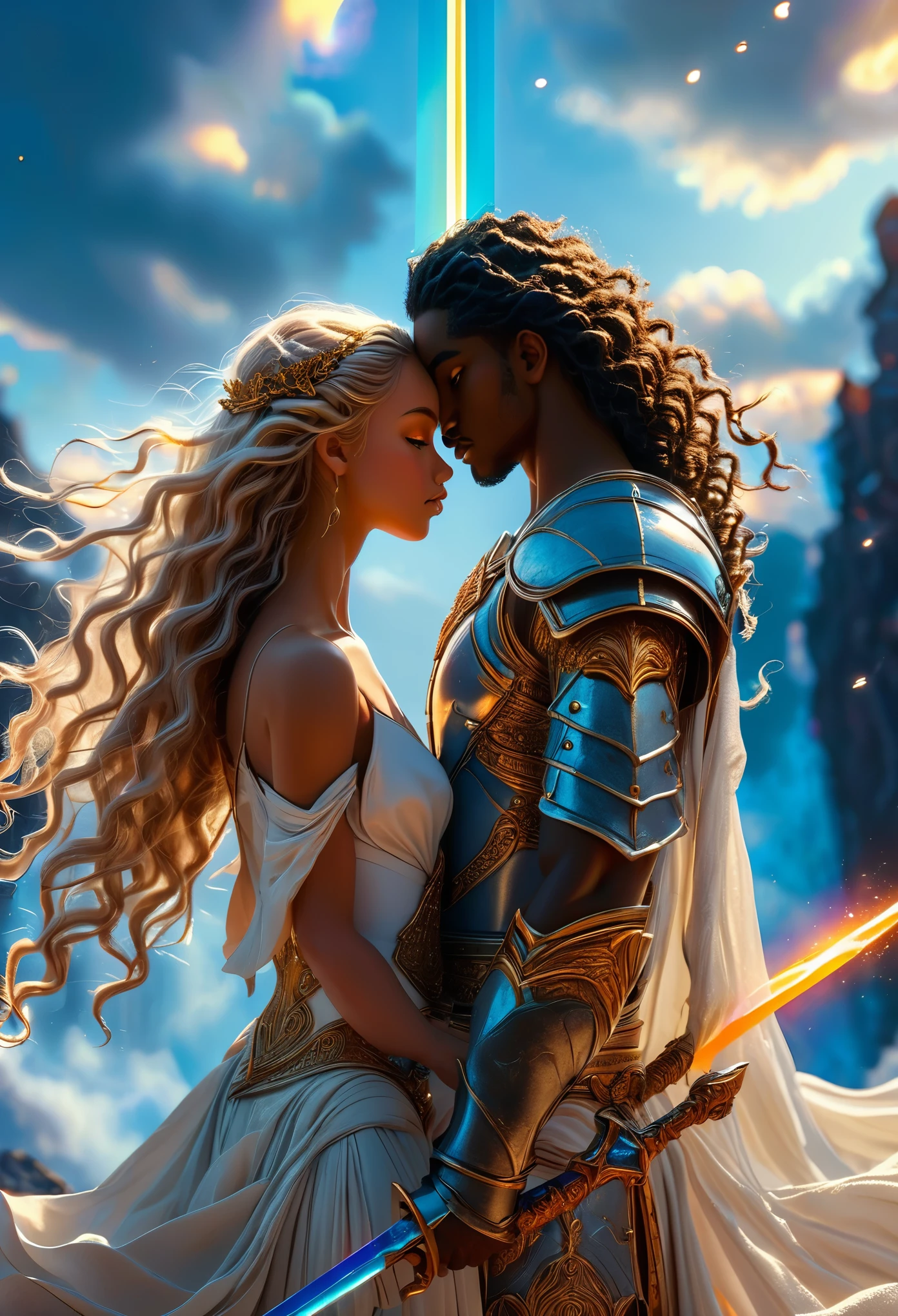 Passionate couple in a celestial landscape, young dark-skinned couple in their 20s, on a battlefield, they fight together, a man and a woman, he is a warrior prince with long curly brown hair, he has two swords, she is a mixed-race blonde warrior princess with grey eyes, she has a spear, Full body, 8K, extremely detailed, high quality, (photorealistic:1.37), Full body, ideal proportions and defined complexion, meticulously crafted features, unreachable beauty, perfection, breathtaking elegance, g curves, goddess-like figures, divine symmetry, artistic masterpieces, vivid realism, hyper-detailed sculptures, life-like forms, truly awe-inspiring, impeccable craftsmanship, pure radiance, ethereal beauty, delicate contours, striking poses, sublime beauty, subtle nuances, dynamic compositions, vibrant colors, perfect lighting, soulful expressions, celestial aura, majestic presence, dreamlike atmosphere, unmatched gdetailed octane render trending on artstation, 8 k artistic photography, photorealistic concept art, soft natural volumetric cinematic perfect light, chiaroscuro, award - winning photograph, masterpiece, perfect composition, beautiful detailed intricate insanely