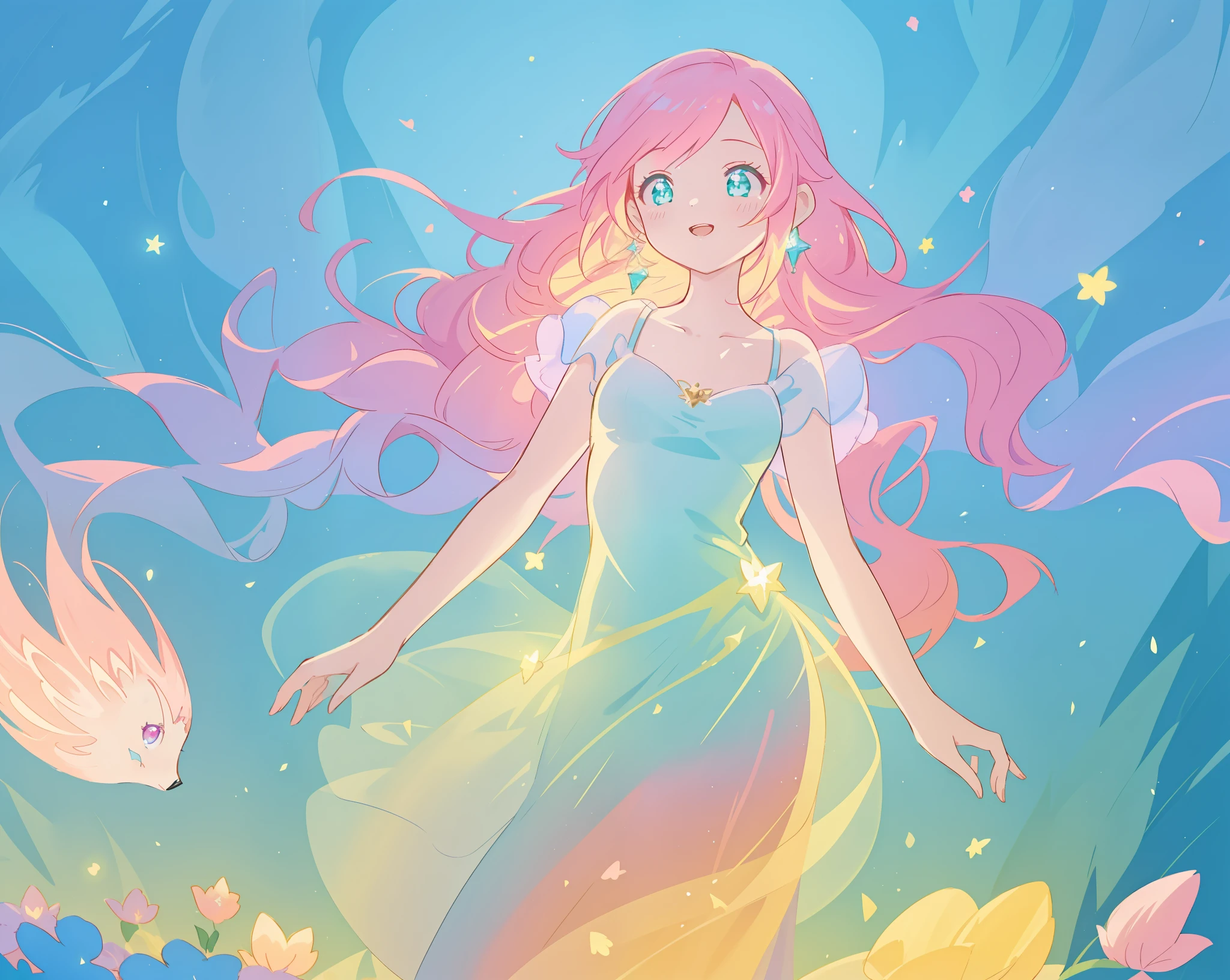 beautiful girl in sparkling puffy dress, vibrant pastel colors, (colorful), magical lights, long flowing colorful pink hair, otherworldly aqua and blue landscape background, inspired by Glen Keane, inspired by Lois van Baarle, disney art style, by Lois van Baarle, glowing aura around her, by Glen Keane, jen bartel, glowing lights! digital painting, flowing glowing hair, glowing flowing hair, beautiful digital illustration, fantasia background, whimsical, magical, fantasy, beautiful face, ((masterpiece, best quality)), intricate details, highly detailed, sharp focus, 8k resolution, sparkling detailed eyes, liquid watercolor