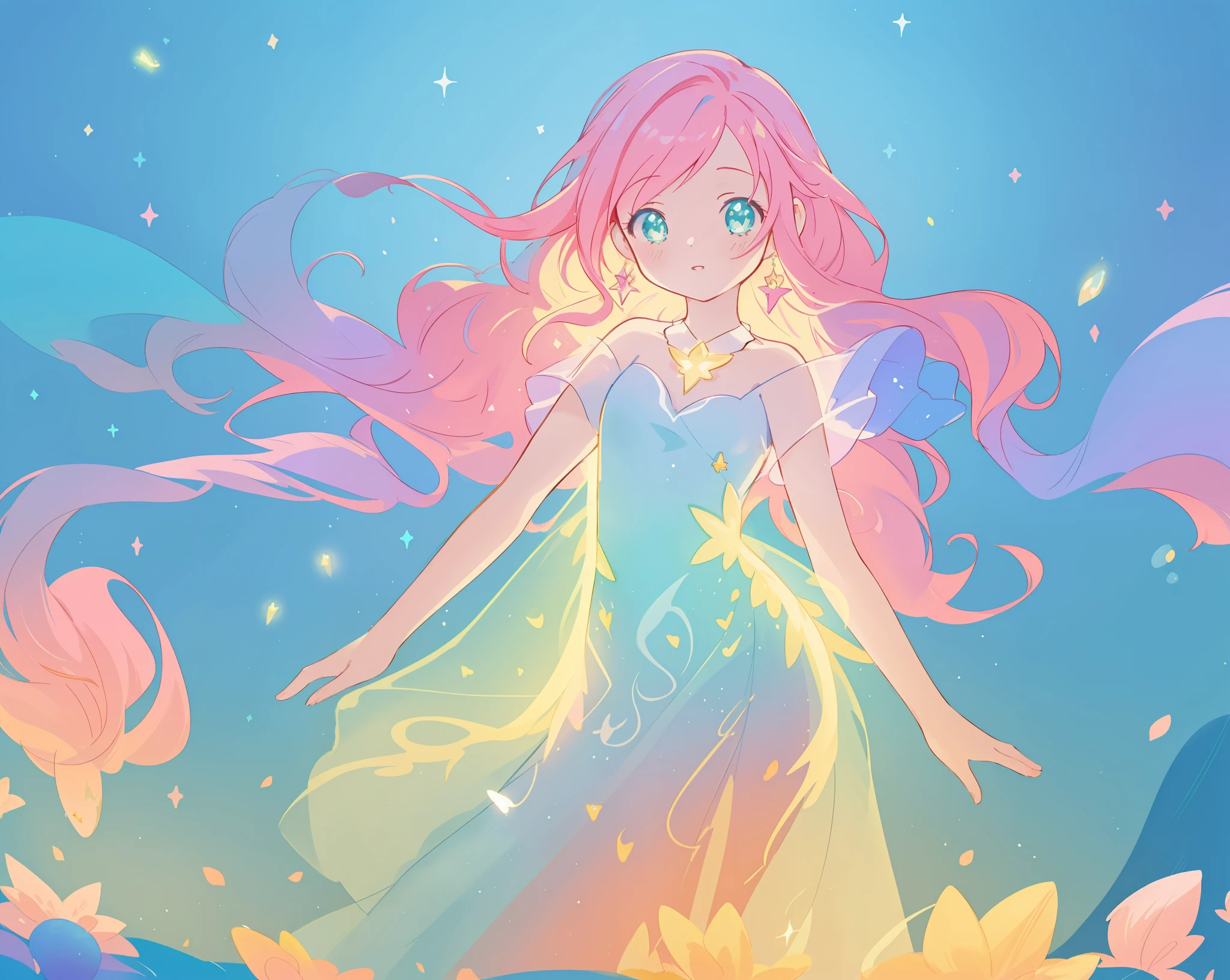 beautiful girl in sparkling puffy dress, vibrant pastel colors, (colorful), magical lights, long flowing colorful pink hair, otherworldly aqua and blue landscape background, inspired by Glen Keane, inspired by Lois van Baarle, disney art style, by Lois van Baarle, glowing aura around her, by Glen Keane, jen bartel, glowing lights! digital painting, flowing glowing hair, glowing flowing hair, beautiful digital illustration, fantasia background, whimsical, magical, fantasy, beautiful face, ((masterpiece, best quality)), intricate details, highly detailed, sharp focus, 8k resolution, sparkling detailed eyes, liquid watercolor