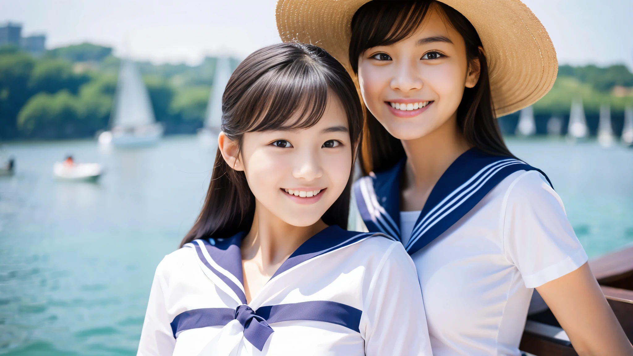 two beautiful women、15 years old 、Upper body、Lady、smile、80mm lens、Highest image quality、small breasts、Are thin、Sailor Shirt、bloomers、luxury hotel