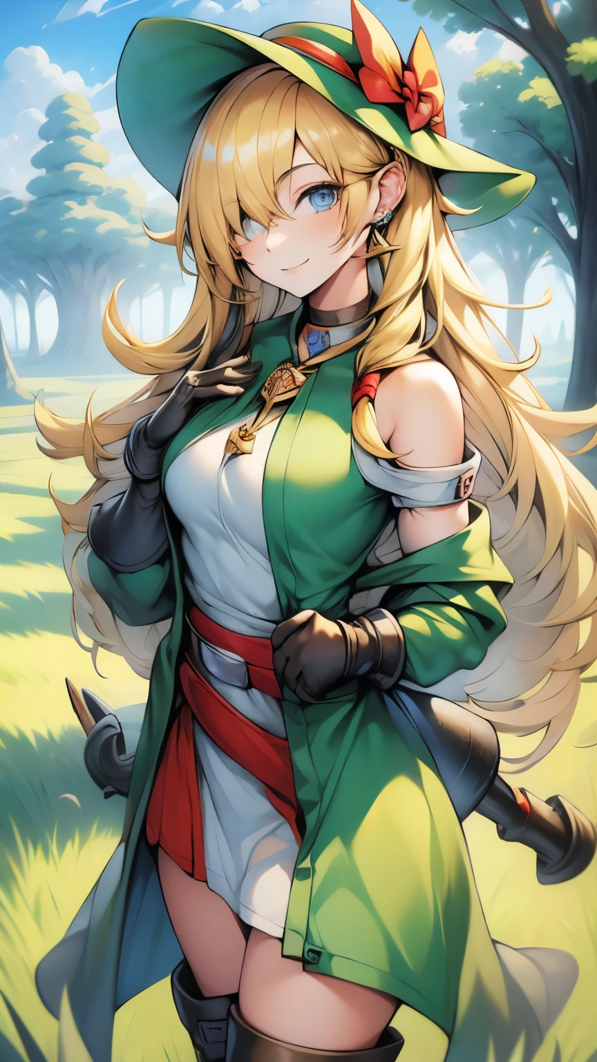 (masterpiece), sexy, sensual, best quality, expressive eyes, perfect face, highres, (female body:1.3),1 girl, solo, ootLink girl, hat, long hair, blonde hair, (green tunic), belt, fingerless gloves, boots, field, grass, trees, landscape, depth of field, smiling, standing, upper body portrait, looking at the viewer, from frontal,  Skimpy