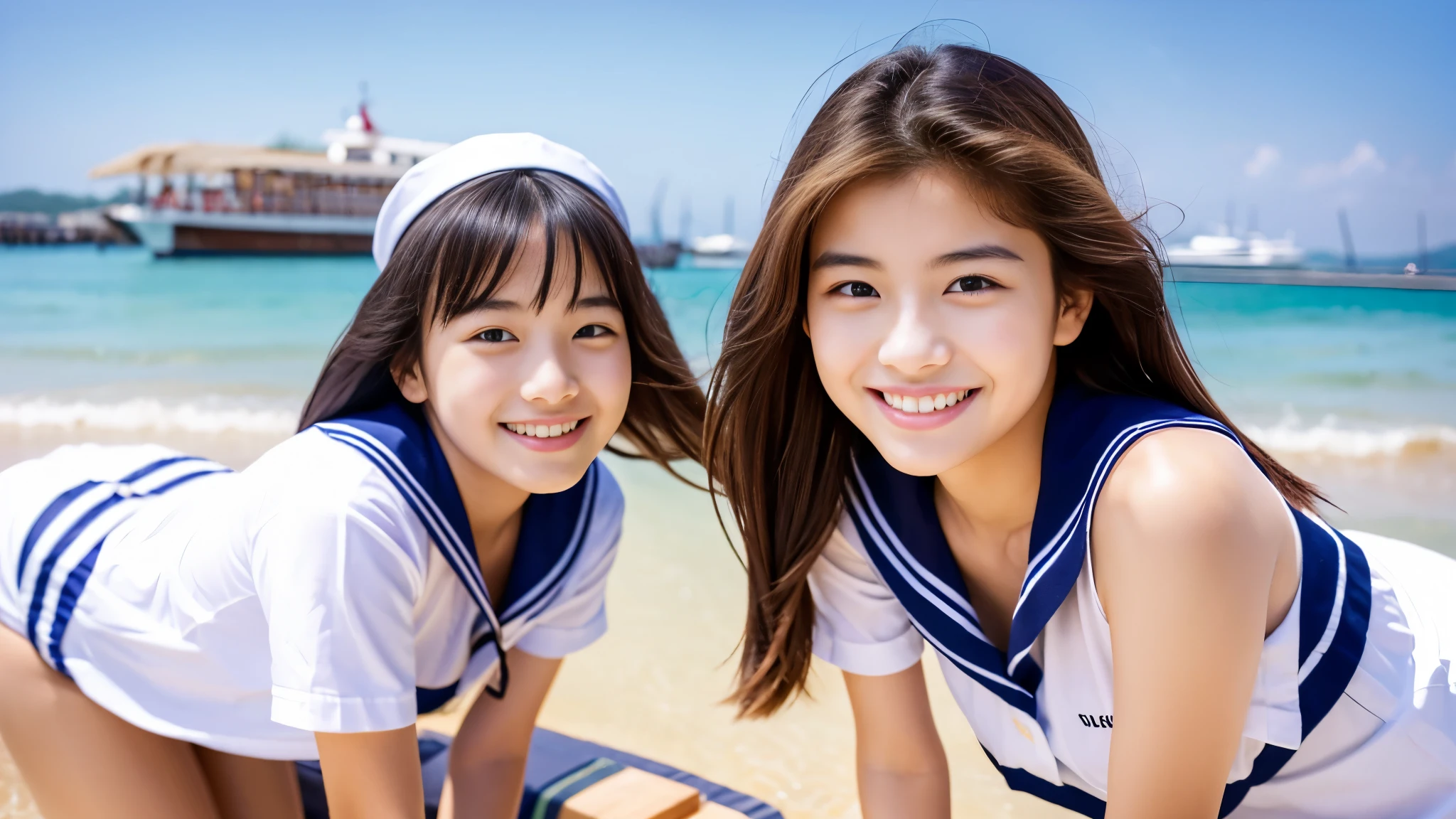 two beautiful women、15 years old 、Upper body、Lady、smile、80mm lens、Highest image quality、small breasts、Are thin、Sailor Shirt、bloomers、luxury hotel