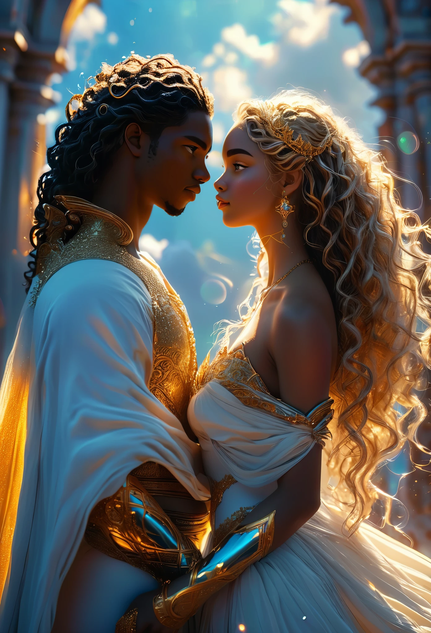 Duo in a celestial landscape, young dark-skinned duo in their 20s, they are fighting each other, they stand face to face, he is a divine prince with long curly caramel hair, she is a mixed-race princess, she has freckles, she is blonde with grey eyes, Full body, 8K, extremely detailed, high quality, (photorealistic:1.37), Full body, ideal proportions and defined complexion, meticulously crafted features, unreachable beauty, perfection, breathtaking elegance, g curves, goddess-like figures, divine symmetry, artistic masterpieces, vivid realism, hyper-detailed sculptures, life-like forms, truly awe-inspiring, impeccable craftsmanship, pure radiance, ethereal beauty, delicate contours, striking poses, sublime beauty, subtle nuances, dynamic compositions, vibrant colors, perfect lighting, soulful expressions, celestial aura, majestic presence, dreamlike atmosphere, unmatched gdetailed octane render trending on artstation, 8 k artistic photography, photorealistic concept art, soft natural volumetric cinematic perfect light, chiaroscuro, award - winning photograph, masterpiece, perfect composition, beautiful detailed intricate insanely