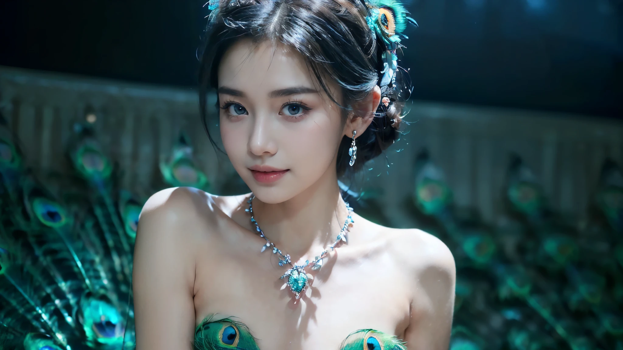 ((((8k))),((Extremely meticulous CG)) ,(wallpaper),16k,((Extremely refined and beautiful)),(((Masterpiece))),(((best qualtiy))),(((Ultra High Resolution))),beautiful light up,Perfect lightning,realistic shaded,((high resolution)),(Smooth and flawless fair skin:1.5),(pale skin:1.3),(Extremely exquisite facial details:1.2),(perfect body:1.1),(ultra-detailed),((A beautiful girl,solo)),(small head:1.2),(princess crown:1.2),(short ponytail:1.2),(small face:1.2),(baby :1.3),(Exquisite makeup:1.2),(earrings:1.2),(crystal necklace:1.2),(small breasts:1.2),(flat chests:1.2),((slim,thin)),(happy:1.2),(smile:1.2),(strapless gorgeous bra made of blue peacock feathers:1.3),(night scene:1.5),(indoor:1.2),(In a luxurious palace:1.3),(detailed background:1.5),(standing:1.3),(close-up of face:1.3),(from front:1.3),