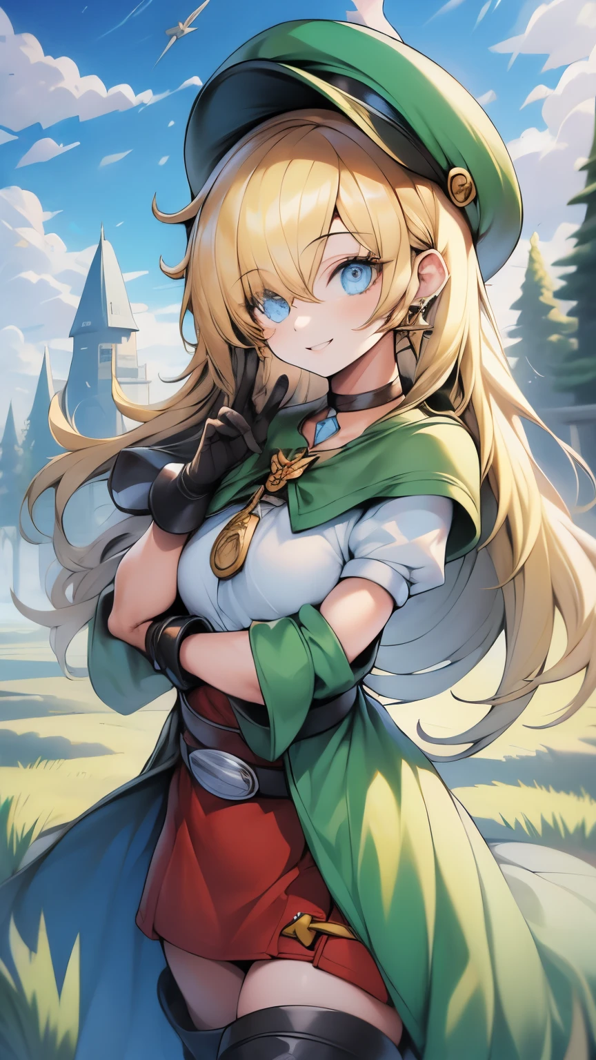 (masterpiece), sexy, sensual, best quality, expressive eyes, perfect face, highres, (female body:1.3),1 girl, solo, ootLink girl, hat, long hair, blonde hair, (green tunic), belt, fingerless gloves, boots, field, grass, trees, landscape, depth of field, smiling, standing, upper body portrait, looking at the viewer, from frontal,  Skimpy