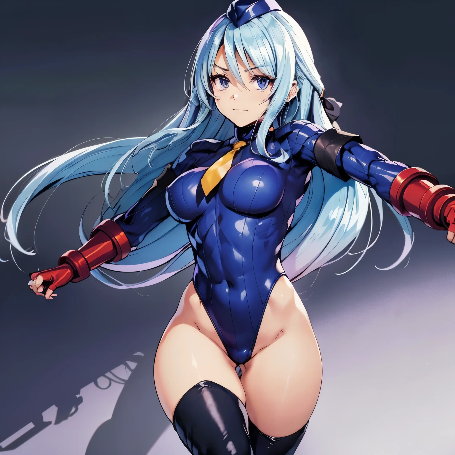 ultra-detailed, Explicit, Beautiful body, Beautiful Nose, Beautiful character design, perfect eyes, perfect face, ultra highres, 4K, beautiful legs, perfect legs, Nice hands, Perfect hand, Masterpiece, Best Quality, Highly detailed, illustration, absurdres, perfect anatomy, street fighter, doll suit, shadaloo doll, dollsuit, expressionless, blank eyes, looking at viewer, red gloves, emotionless, black latex, corrution, mind control, female combatant, full body, hypnotized, unhappy trance, full body suit, ribbed bodysuit, both arms at side, obey, perfect female body, extremely glossy latex, hypnosis, hypnoLora, empty eyes, Mind control device, poses, submissive_pose, Slave, standing straight, standing, standing at attention, hat, necktie, belt, latex, ribbed bodysuit, thighhighs, garter belt, Fighting Stance, extending the right arm from the shoulder into the air with a straightened hand, military, thigh boots, black pantyhose, (((pixel-perfect, detail-perfect))), solo, 1girl, hair ornaments, long hair, light blue hair, hair ribbon, purple eyes, Shiina Hiyori, Classroom of the Elite, holding book, library background, evil smile, evil grin