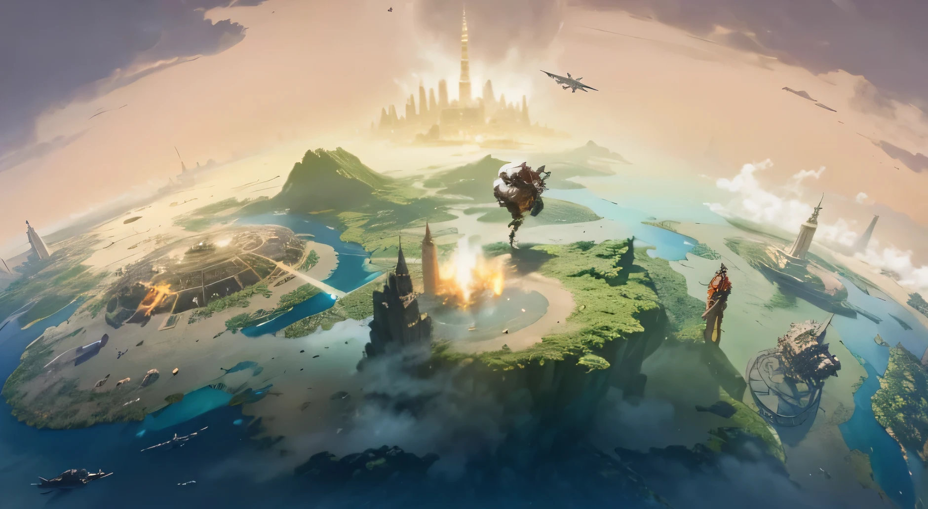 There is a picture,There is a picture of the world on it, background air combat, Amazing wallpapers, concept world art, Defend this massive city from imminent attack, Magic battlefield background, critical art, biper and jean giraud, game critical art, world building, conceptartworld, background artwork, open world, CG art, imagination, Fantasy world concept