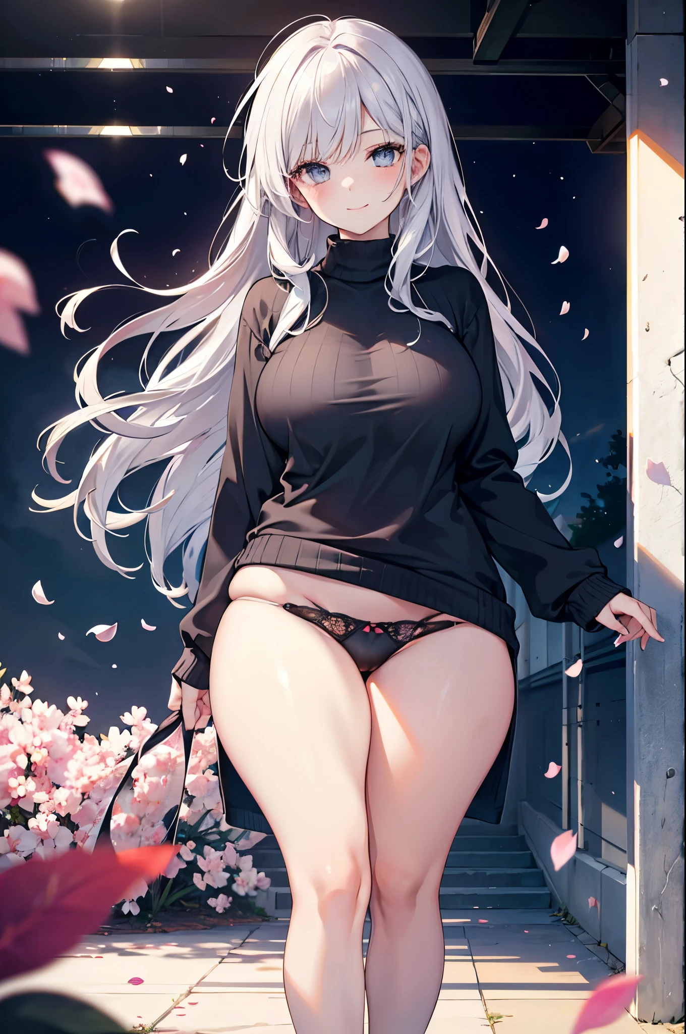 realistic image, coherent image, detailed image, 1 beautiful girl. She has silver hair, long hair. Blue-gray eyes, long eyelashes. Her face is oval and delicate. smiling seductively. She is wearing a big sweater. She has a curvy body, medium breasts and thick thighs. She is showing her thong. view of her full body. cherry petals falling. natural lighting in front, volumetric lighting,