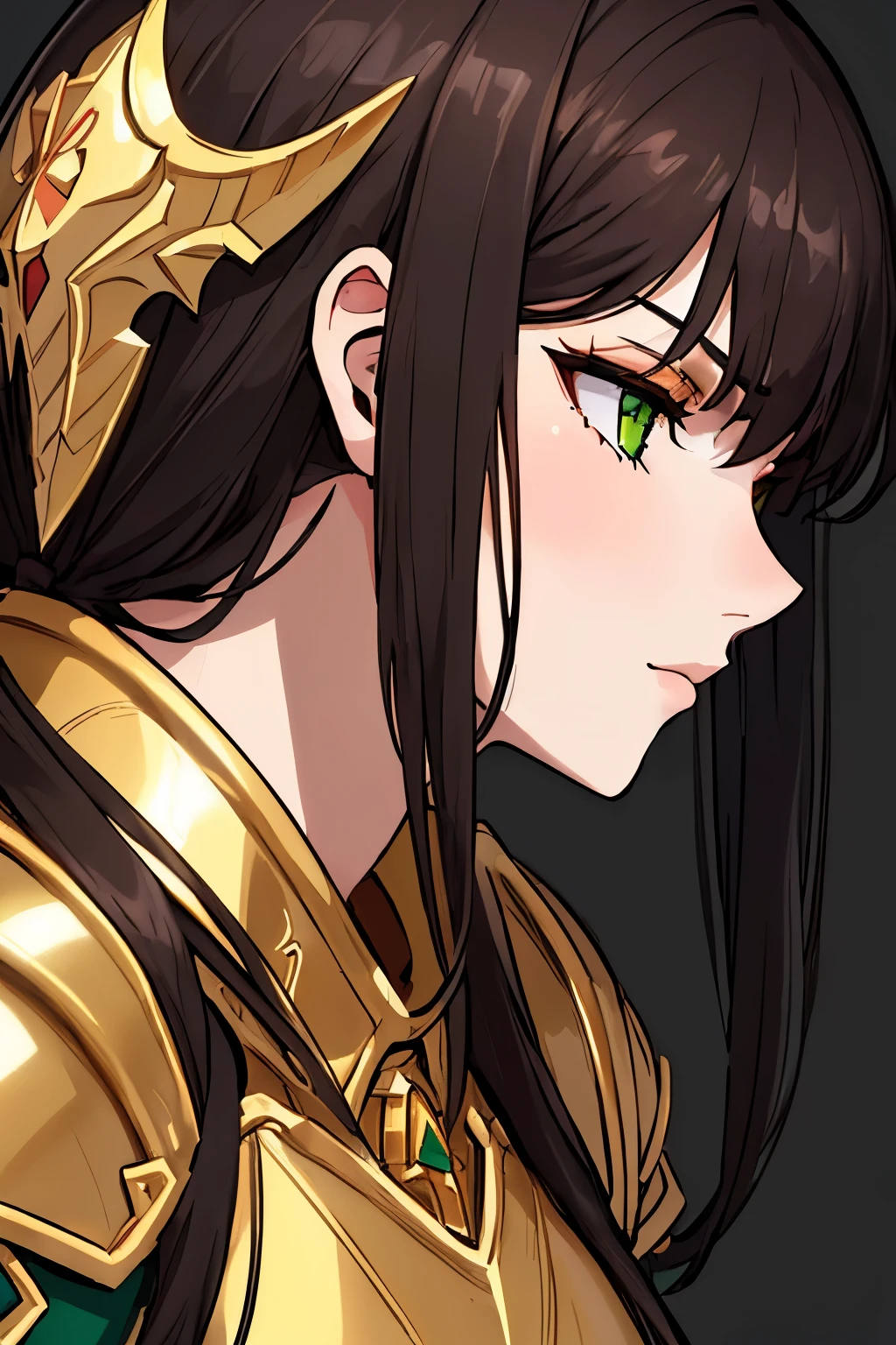 ((masterpiece)), ((best quality)), 1girl, adult, big bust, ((dark hair)), ((intimidant look)), ((close-up)), profile image, golden clothes, sexy, dark colors, green eyes, armored, gold armor