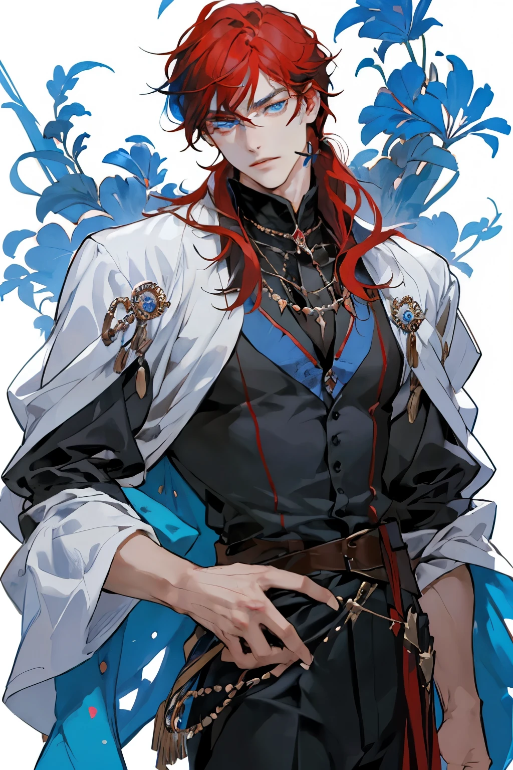 (Mejor calidad: cuerpo completo),adulto,1 hombre, male, maduro,muy alto,elegante pero no fuerte,long crimson hair,royal blue eyes,medieval bohemian style clothing,,Detailed face and expression, soft lighting,estilo retrato,estilo de pintura,colores profundos