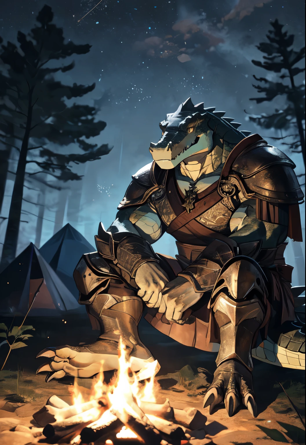 solo, kemono, (crocodile), anthro, male, ((black body)), scales, tail, muscles, handsome, armor, medieval, fantasy, wearing east timor flag (🇹🇱) outdoors, outside, dark, night, forest, campfire, camp, stars, sitting, toe claws, epic, depth of field, perfect lighting, (light particles),(best quality),(masterpiece),(ultra detailed),sharp focus,light particles