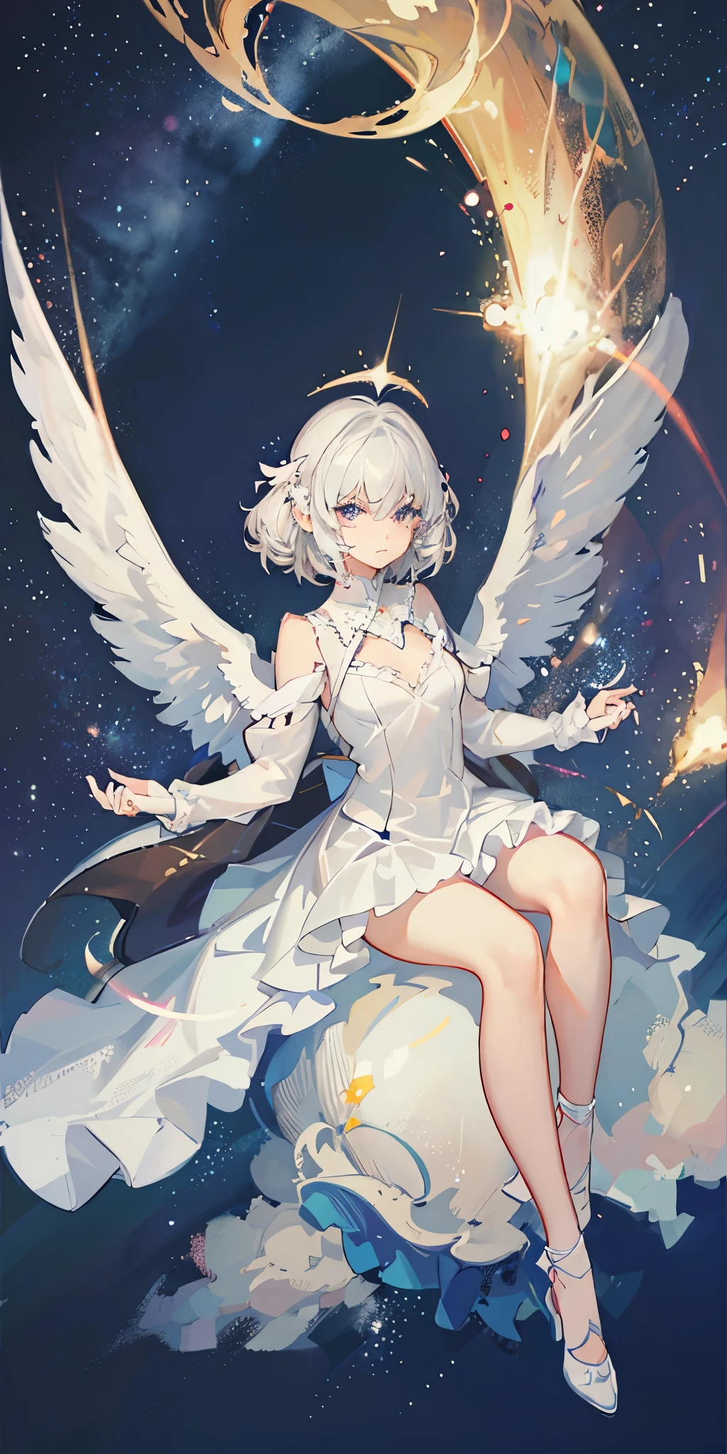 Anime character with white wings flying in the sky, huge white glowing wings, Ethereal animation, Luna, White-haired God, majestic angel, Angel guides, white wings, glowing angel, infinite angel wings, Elegant light angel, daytime Ethereal animation, Elf angel meditating in space, angel theme, angelic purity, Ten Thousand Angels of Youth
