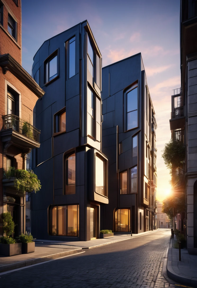((photograph of a street with asymmetrical buildings, street entrance view, asymmetry:1.5)), ((full shot:1.3)), (( Best Quality ) ), (( Masterpiece )), 3D, ( hyper detailed: 1.3 ), ((Epic Landscape: 1.3)), ((sunset: 1.3 ))), (Photorealistic: 1.4), (( Front Camera) ),( (Low-Light Nighttime Cinematic Lighting: 1.2)).32k.