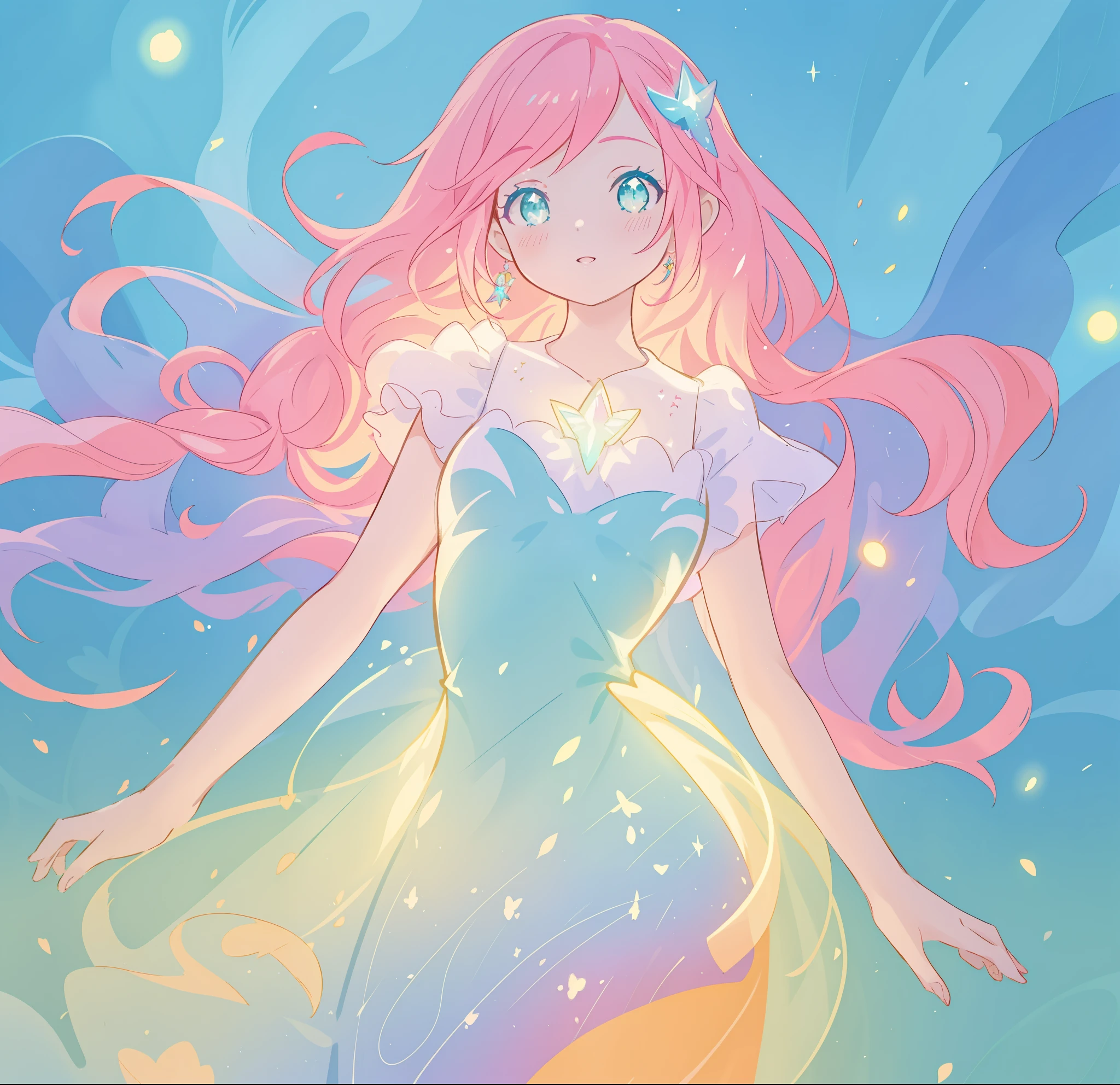 beautiful girl in sparkling y dress, vibrant pastel colors, (colorful), magical lights, long flowing colorful pink hair, otherworldly aqua and blue landscape background, inspired by Glen Keane, inspired by Lois van Baarle, disney art style, by Lois van Baarle, glowing aura around her, by Glen Keane, jen bartel, glowing lights! digital painting, flowing glowing hair, glowing flowing hair, beautiful digital illustration, fantasia background, whimsical, magical, fantasy, beautiful face, ((masterpiece, best quality)), intricate details, highly detailed, sharp focus, 8k resolution, sparkling detailed eyes, liquid watercolor