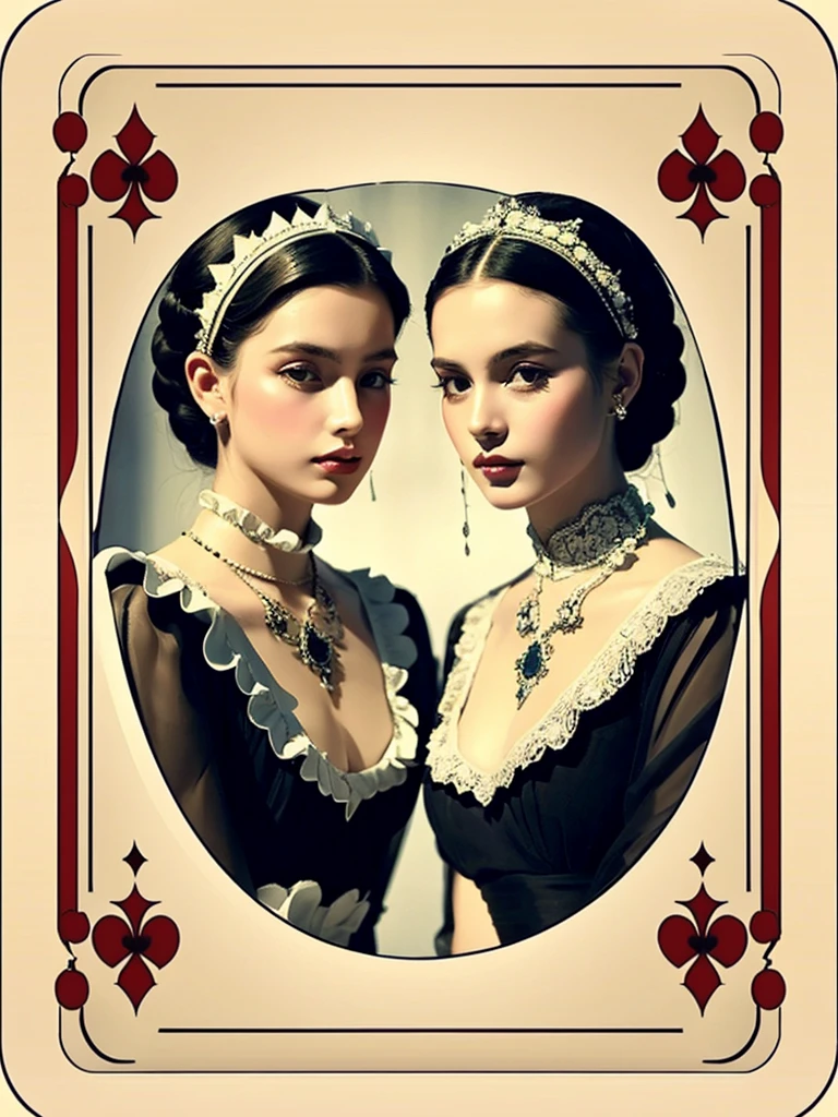 Symmetry, 2girls, card, beautiful, detailed eyes, beautiful detailed lips, playing cards, vintage aesthetic, black and white, soft lighting, delicate details, intricate patterns, antique setting, elegant poses, graceful movements, mirrored poses, reflection, classic beauty, intricate hairstyles, ornate accessories, vintage fashion, Victorian era, perfect symmetry, intricate lace, vintage playing cards, soft shadows, ethereal atmosphere, timeless elegance, artistic composition, alluring gaze