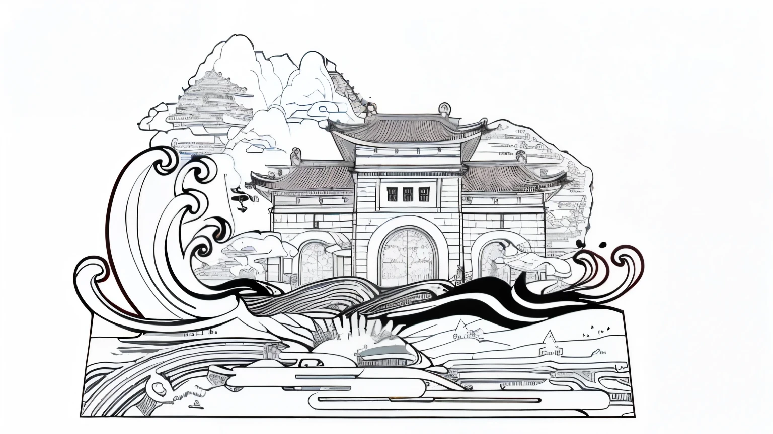 (a black and white drawing of a Chinese building with waves, whole page illustration, inspired by Hanbei Yoshida, color chart, anime city line art, inspired by Tian Suojinye, line art illustration, inspired by Satoshi Yoshida, artwork in the style of 山下清, coloring book page) (best quality,4k,8k,highres,masterpiece:1.2),ultra-detailed,(realistic,photorealistic,photo-realistic:1.37), HDR, UHD, studio lighting, ultra-fine painting, sharp focus, physically-based rendering, extreme detail description, professional, vivid colors, bokeh, portraits, landscape, horror, anime, sci-fi, photography, concept artists, golden and blue color palette, warm and dramatic lighting