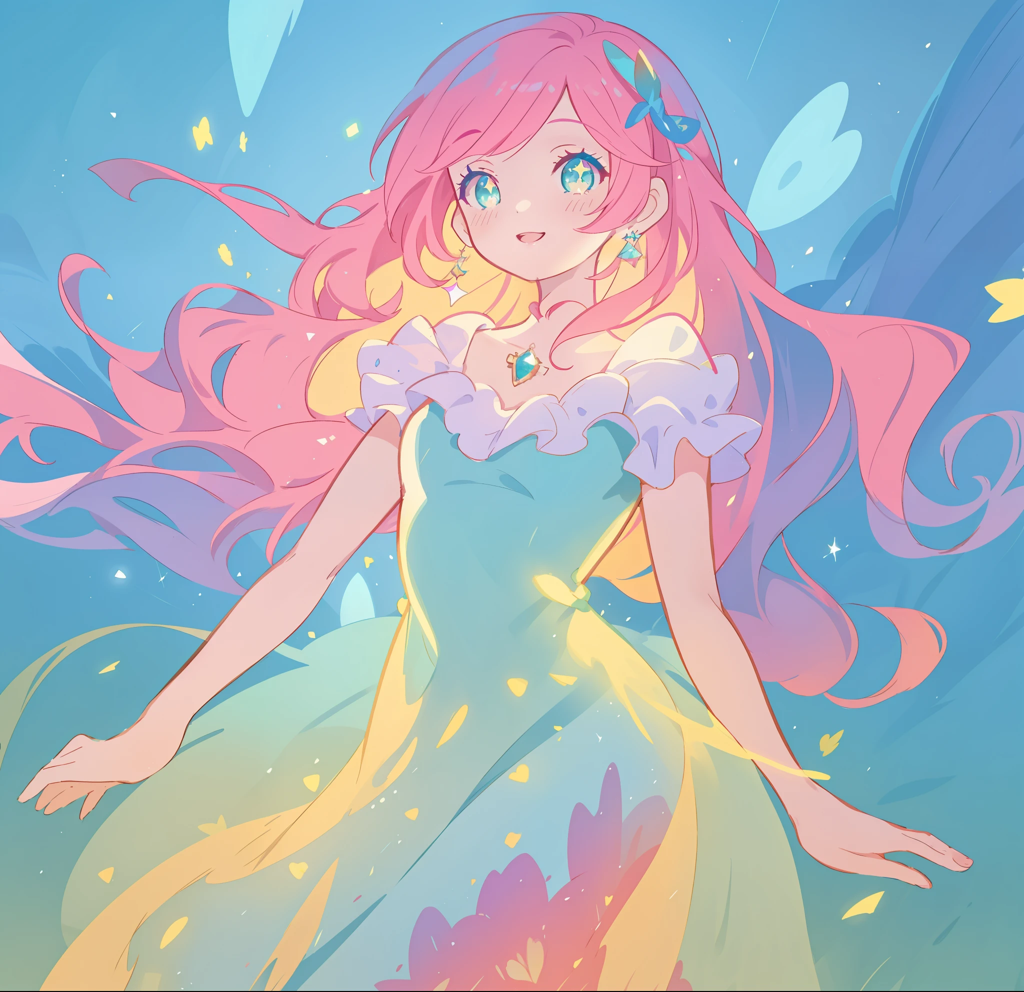 beautiful girl in sparkling puffy dress, vibrant pastel colors, (colorful), magical lights, long flowing colorful pink hair, otherworldly aqua and blue landscape background, inspired by Glen Keane, inspired by Lois van Baarle, disney art style, by Lois van Baarle, glowing aura around her, by Glen Keane, jen bartel, glowing lights! digital painting, flowing glowing hair, glowing flowing hair, beautiful digital illustration, fantasia background, whimsical, magical, fantasy, beautiful face, ((masterpiece, best quality)), intricate details, highly detailed, sharp focus, 8k resolution, sparkling detailed eyes, liquid watercolor