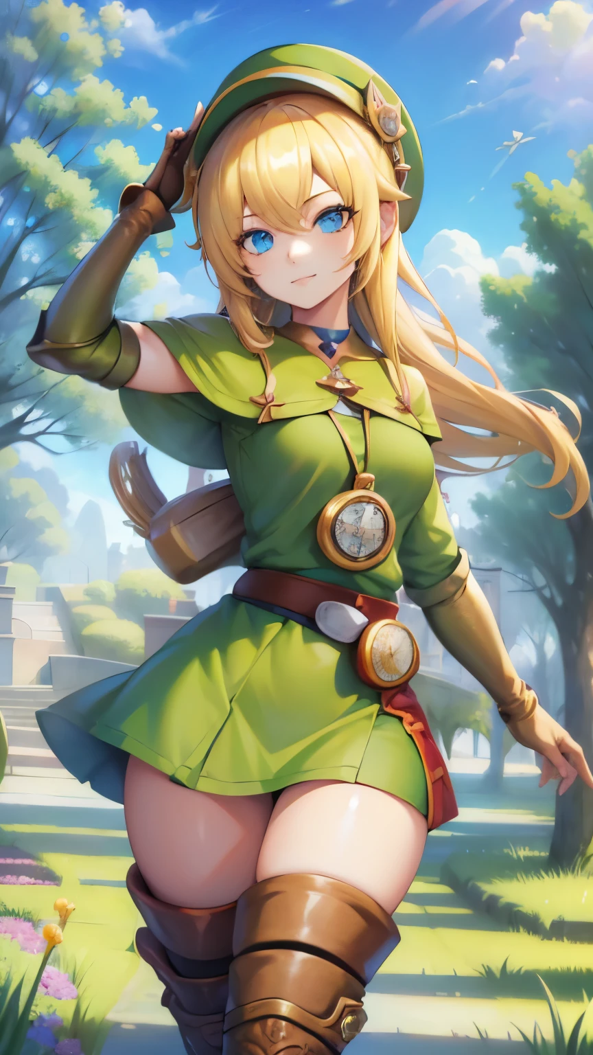 (masterpiece), sexy, sensual, best quality, expressive eyes, perfect face, highres, (female body:1.3),1 girl, solo, ootLink girl, hat, long hair, blonde hair, (green tunic), belt, fingerless gloves, boots, field, grass, trees, landscape, depth of field, smiling, standing, upper body portrait, looking at the viewer, from frontal,  Skimpy