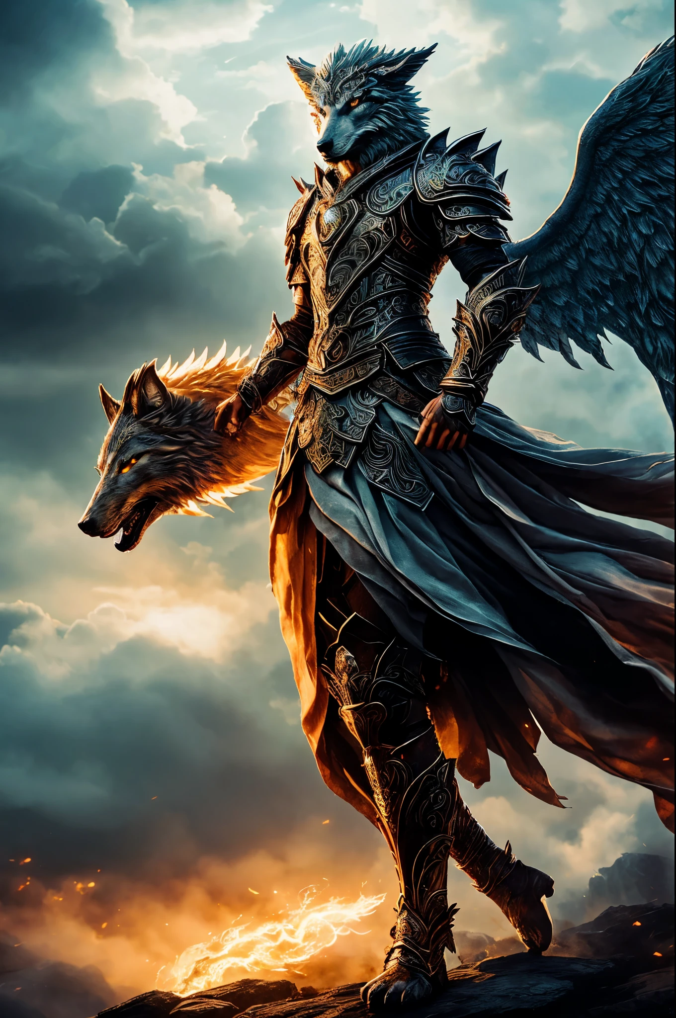 Amidst swirling mists, a warrior reconnects with the spirit world. Clad in intricate armor, he stands with hand over heart, surrounded by ethereal beings: a loyal wolf, a fiery phoenix, and a wise dragon. Together, they bridge mortal and spiritual realms in sacred communion.