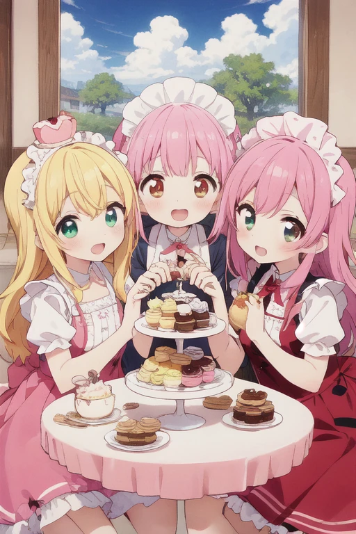 4+ girls, multiple colored hairs, sweet maids, random cute faces, super happy smiling, open mouth, group shot, zoom camera, sweet tea party, lots of cakes, macarons, chocolates, parfaits, cookies, land of sweets